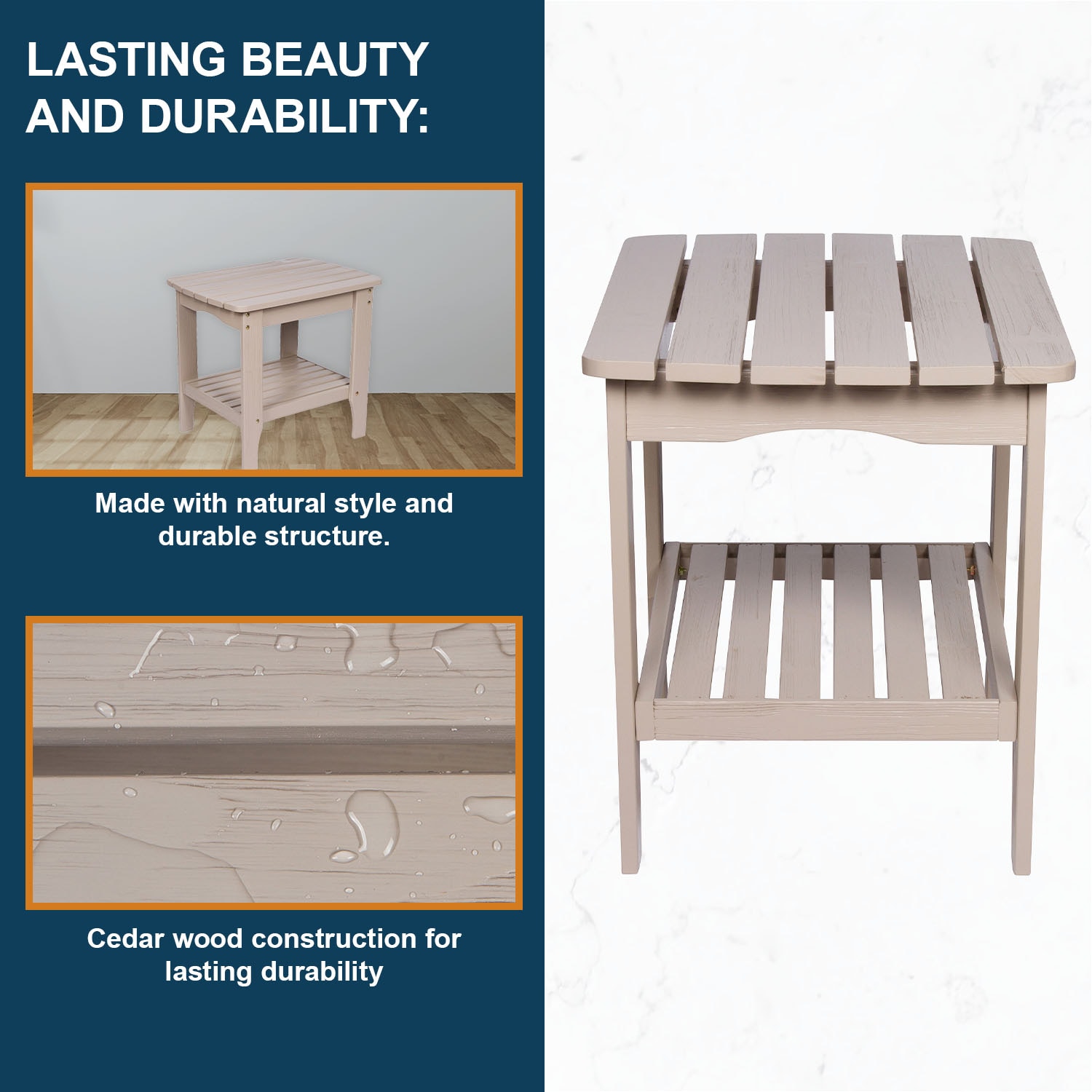 Cedarwood Rectangular Side Table with Stone Finish, 24"x22"