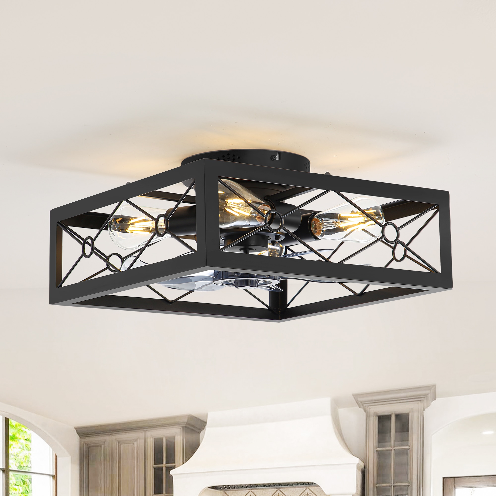 Breezary 35021-BK Square-framed 16-in Flush Mount Matte Black with Gray Blades Cage Ceiling Fan With Light - Remote Included ( 7 -Blade )