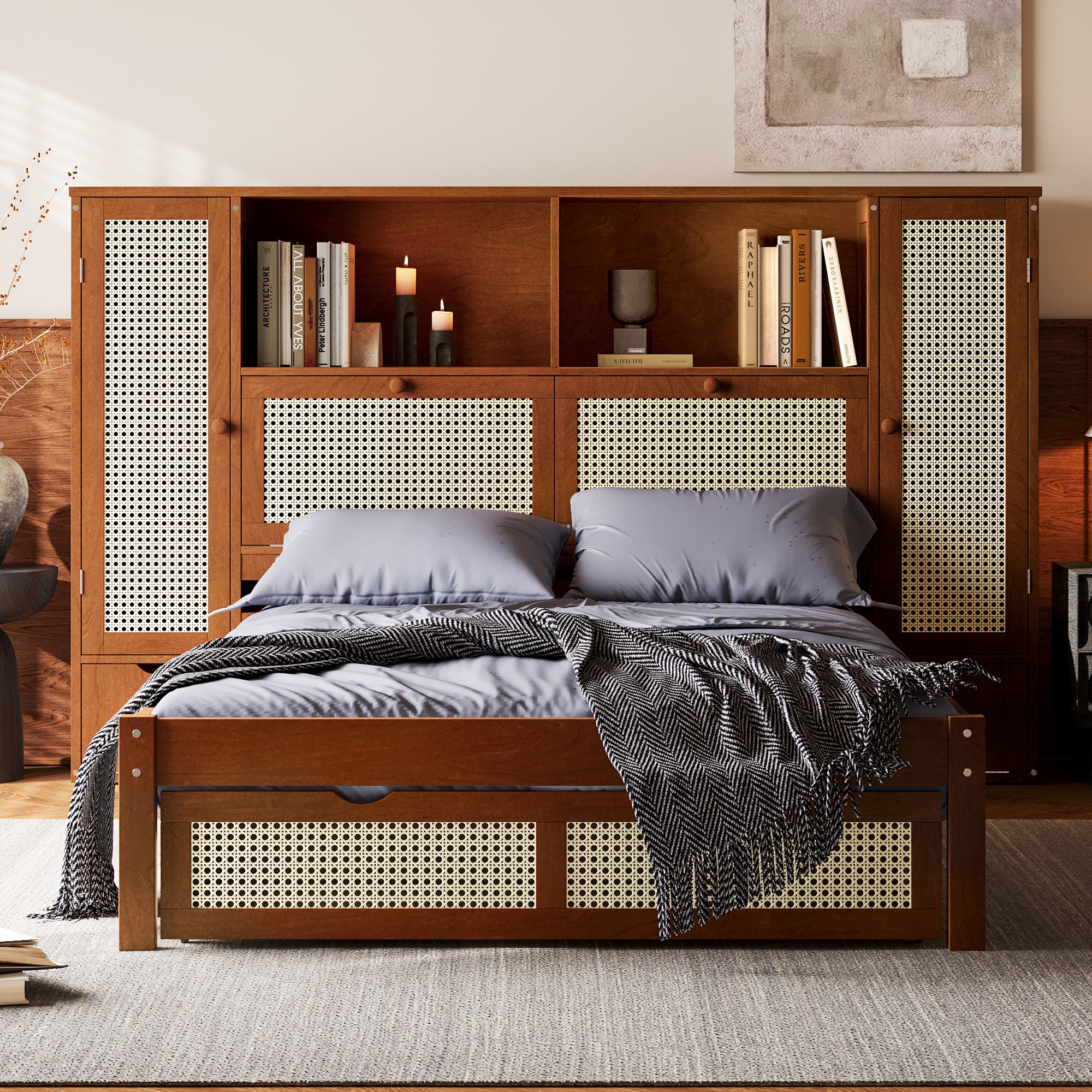 LOVMOR SF-R-N733S241280D Twin Size Wooden Bed with Two Storage Lockers Drawer and Storage Shelf on Headboard Multifunctional Platform Bed with Natural Rattan Walnut