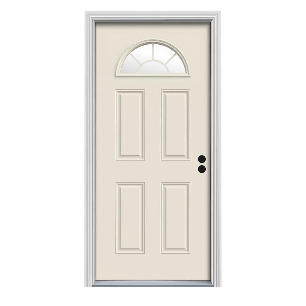 Therma-Tru Benchmark Doors TTBS629730 Sunburst 36-in x 80-in Fiberglass 1/4 Lite Left-Hand Inswing Ready To Paint Prehung Single Front Door with Brickmould Insulating Core