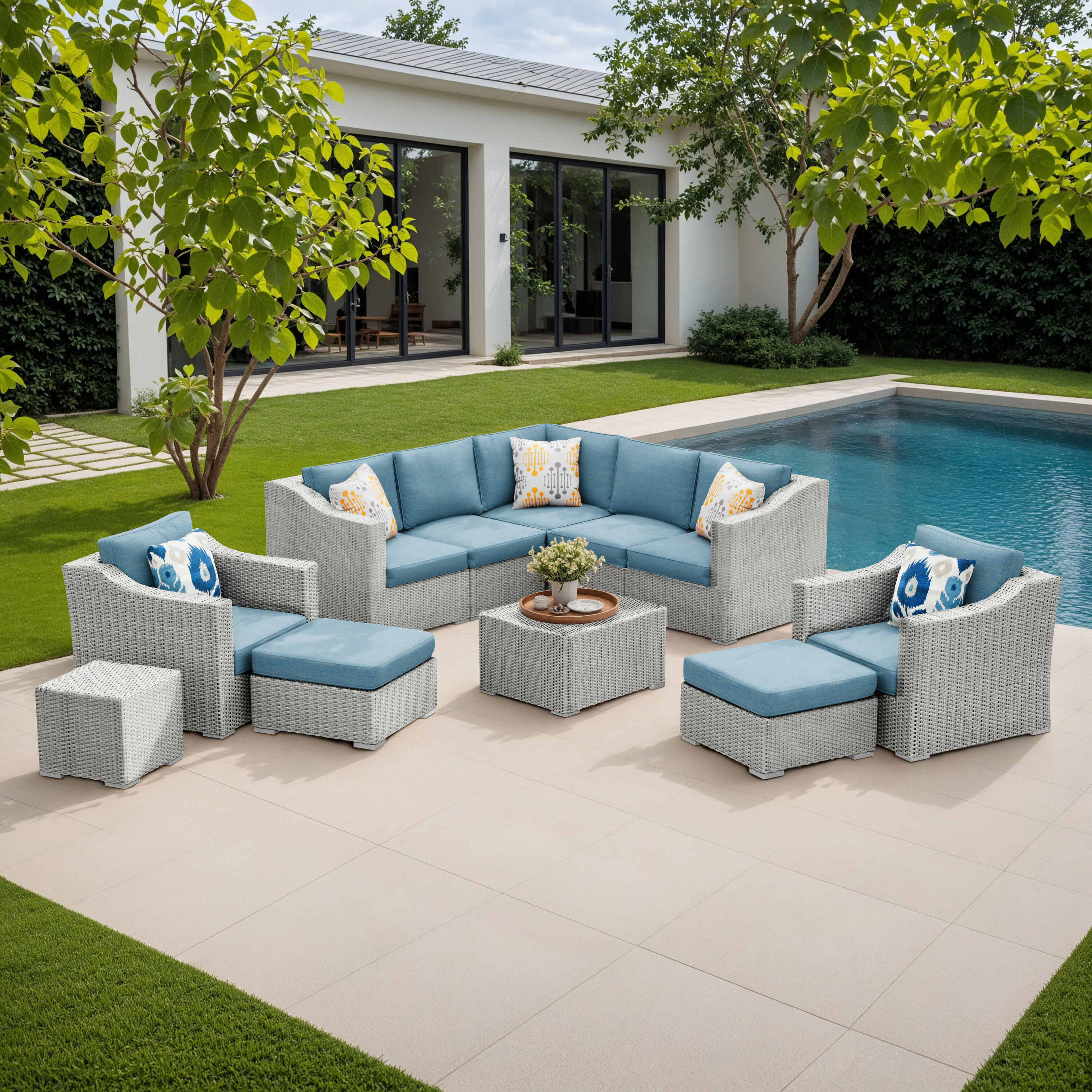 Octans SL2C00177 11 -Piece Wicker Patio Conversation Set with Blue Cushions