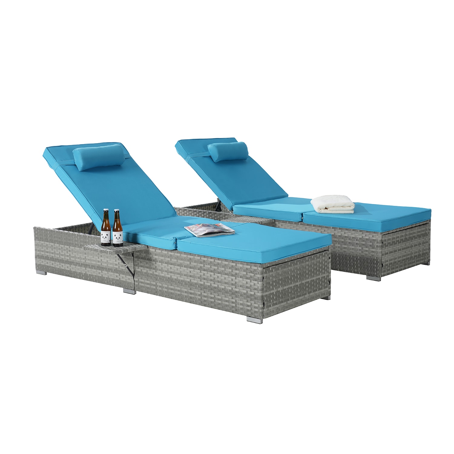 SINOFURN SYB740001NY Set of 2 Rattan Gray Rattan Frame Stationary Chaise Lounge Chair with Blue Cushioned Seat
