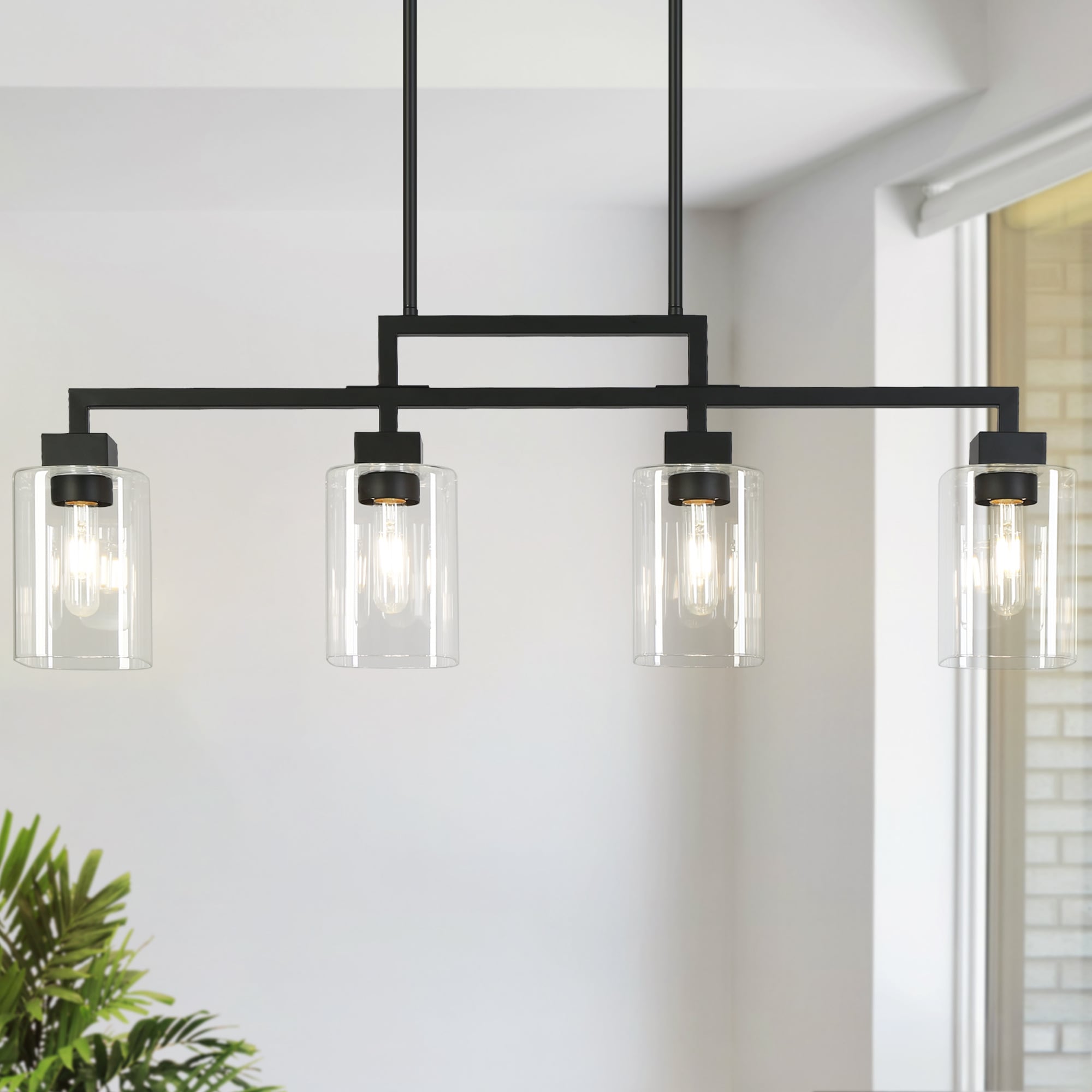 LNC LABJFNY545179C Wresdeeg 4 -Light 34.4-in Matte Black and Cylinder Clear Glass Farmhouse Clear glass Linear Large Hanging Kitchen island light