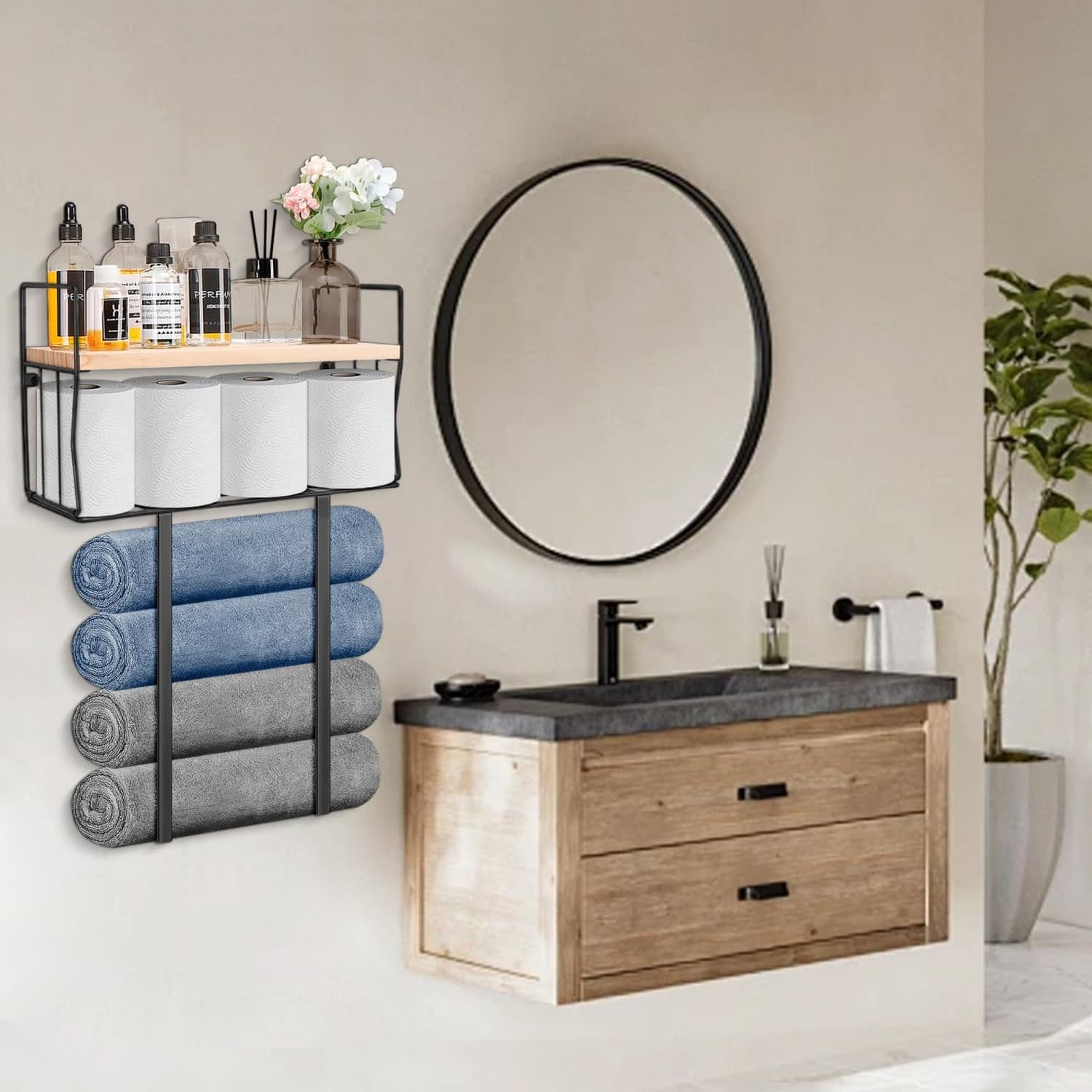 Angel Sar Towel Rack with Storage Basket and Wood Shelf for Bathroom in ...