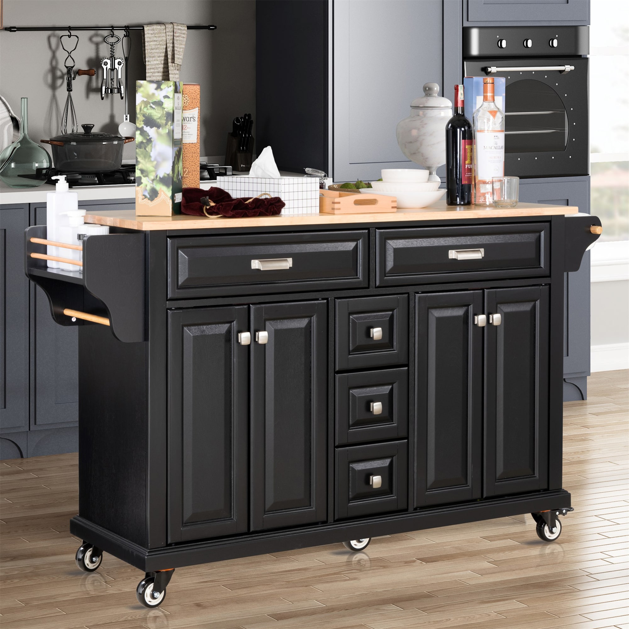 BABOOM Black Wood Base with Wood Top Rolling Kitchen Island (18.13-in x 60.5-in x 36.75-in)