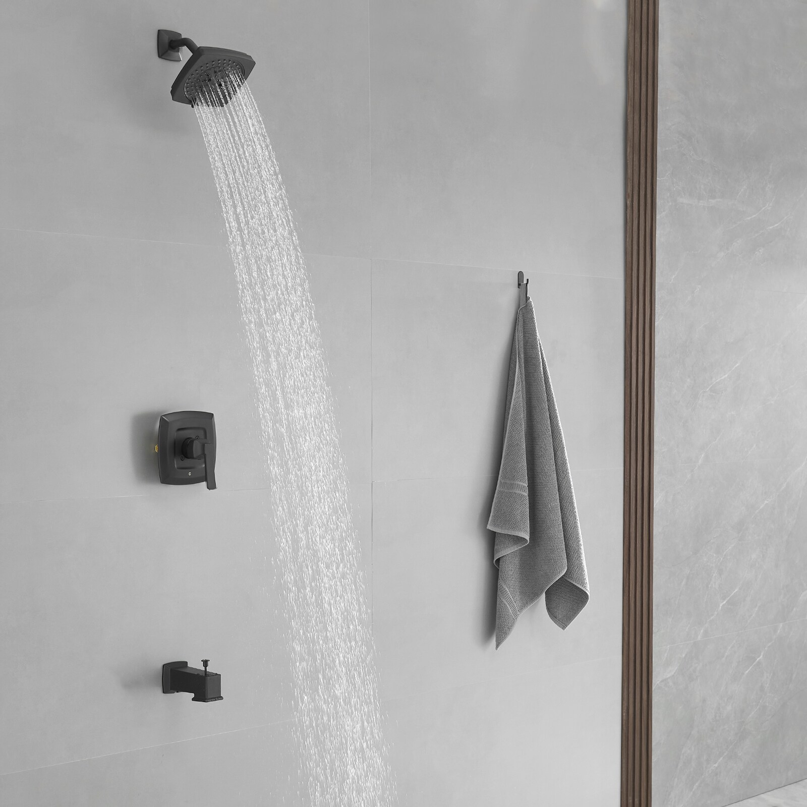 Matte Black Square Rainfall Shower Faucet Set with Tub Spout
