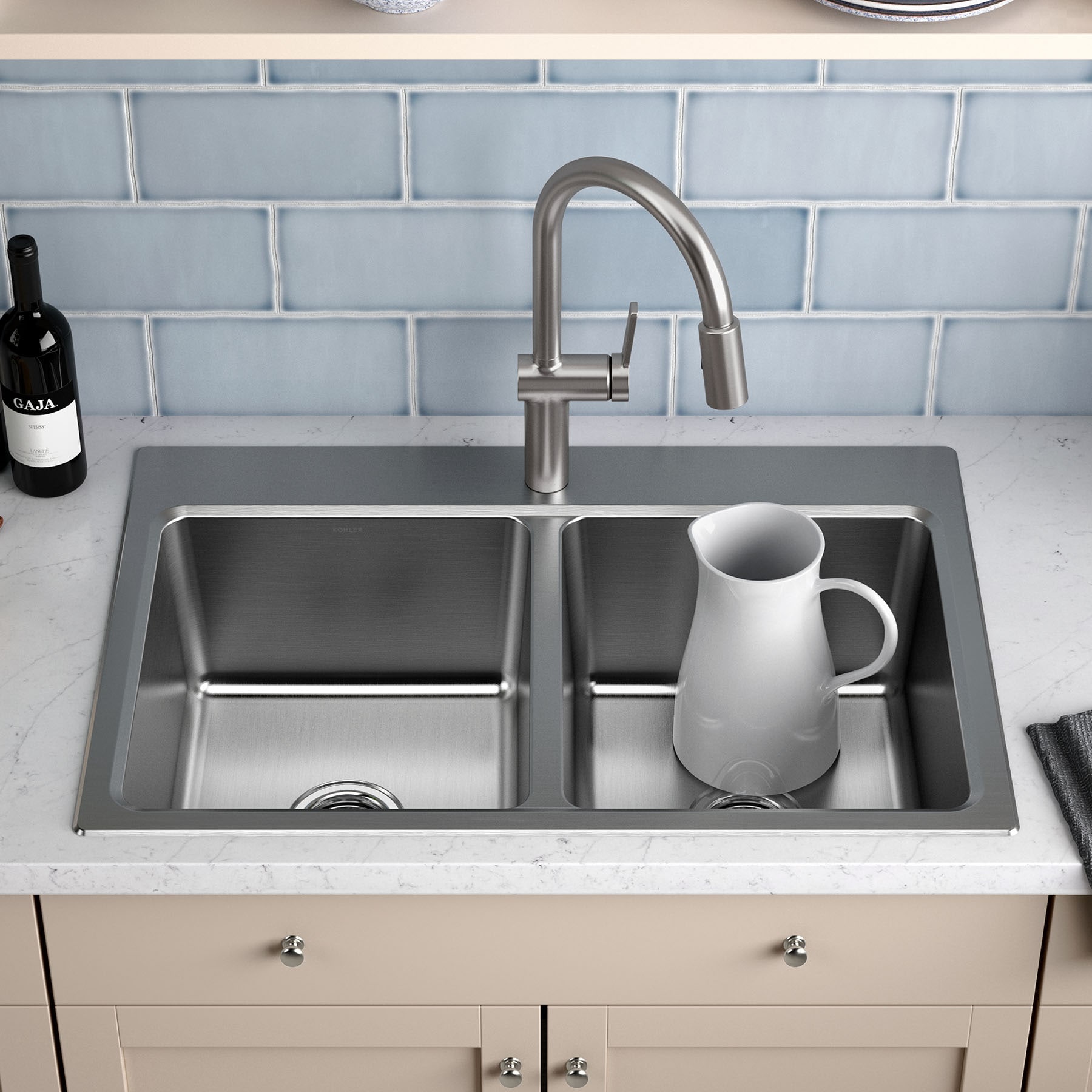 KOHLER Decree Dual-mount 33-in x 22-in Stainless Steel Double Equal Bowl  2-Hole Kitchen Sink in the Kitchen Sinks department at