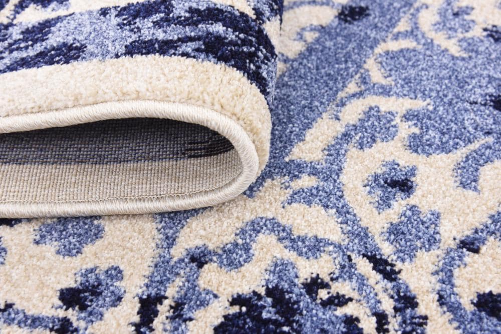 Ivory and Blue Square Stain-Resistant Synthetic Rug, 6' x 6'