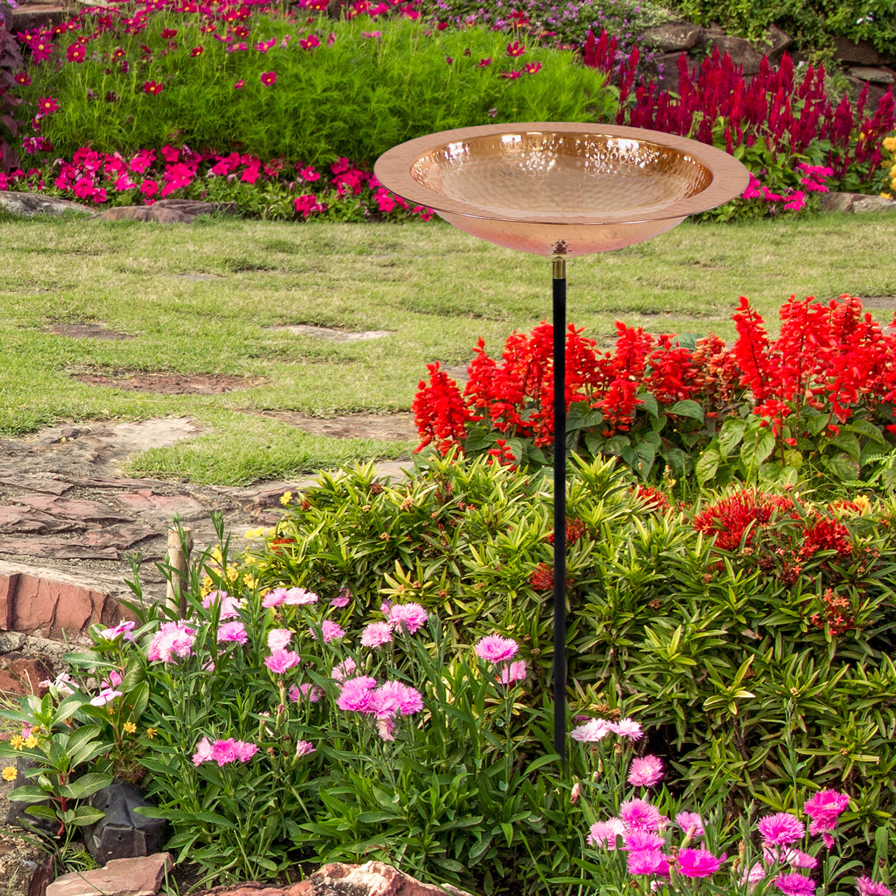 Hand-Hammered Copper Standing Bird Bath with Iron Stake