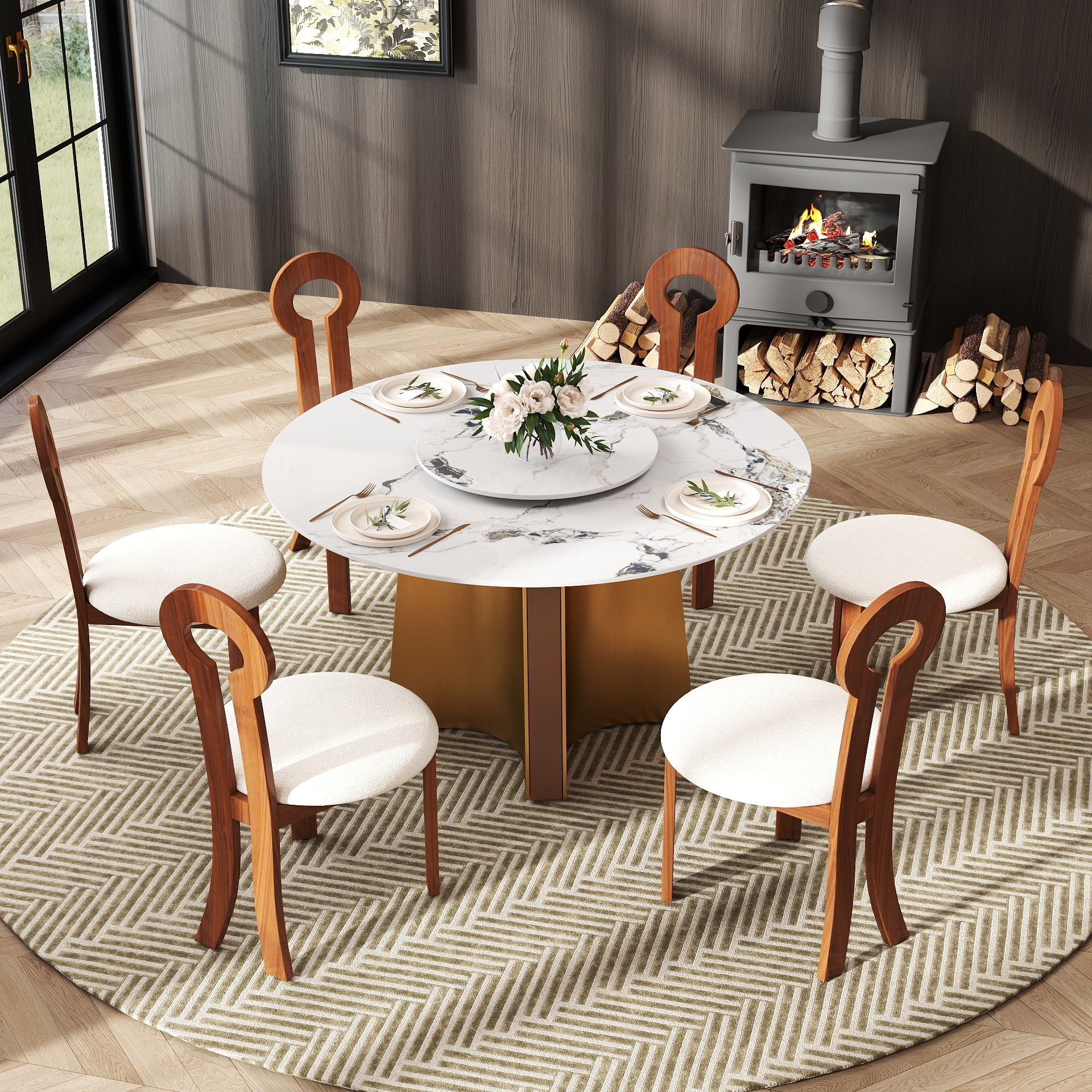 BuotiqHom DH-B-135F60-1G 53 in. Ink + Lazy Susan Round Contemporary/Modern Dining Table, Ceramic with Primed Steel 53-Inches L x 29.5-Inches H