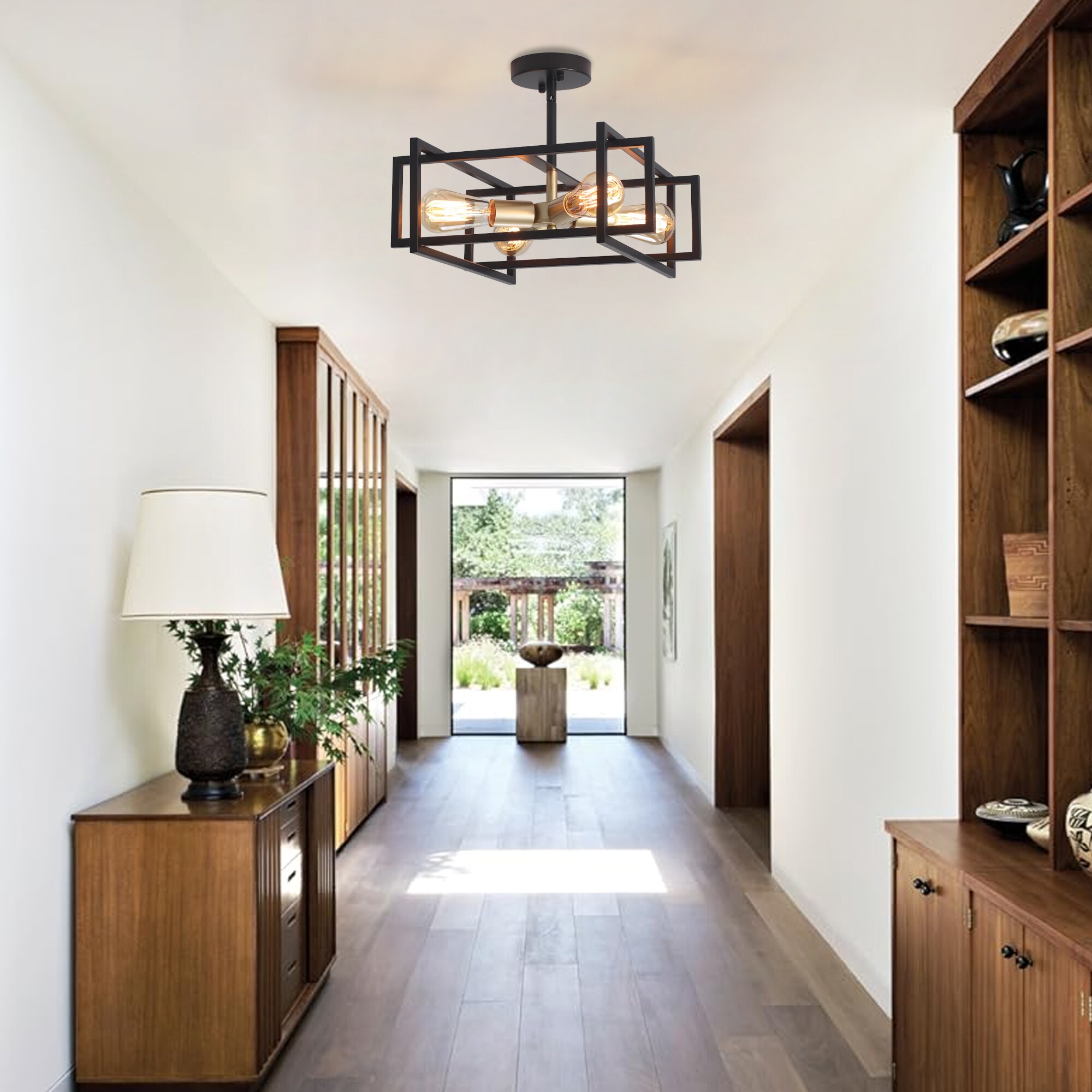 Zjvaive 14.96-in 4-Light Matte Black And Gold Industrial Farmhouse ...