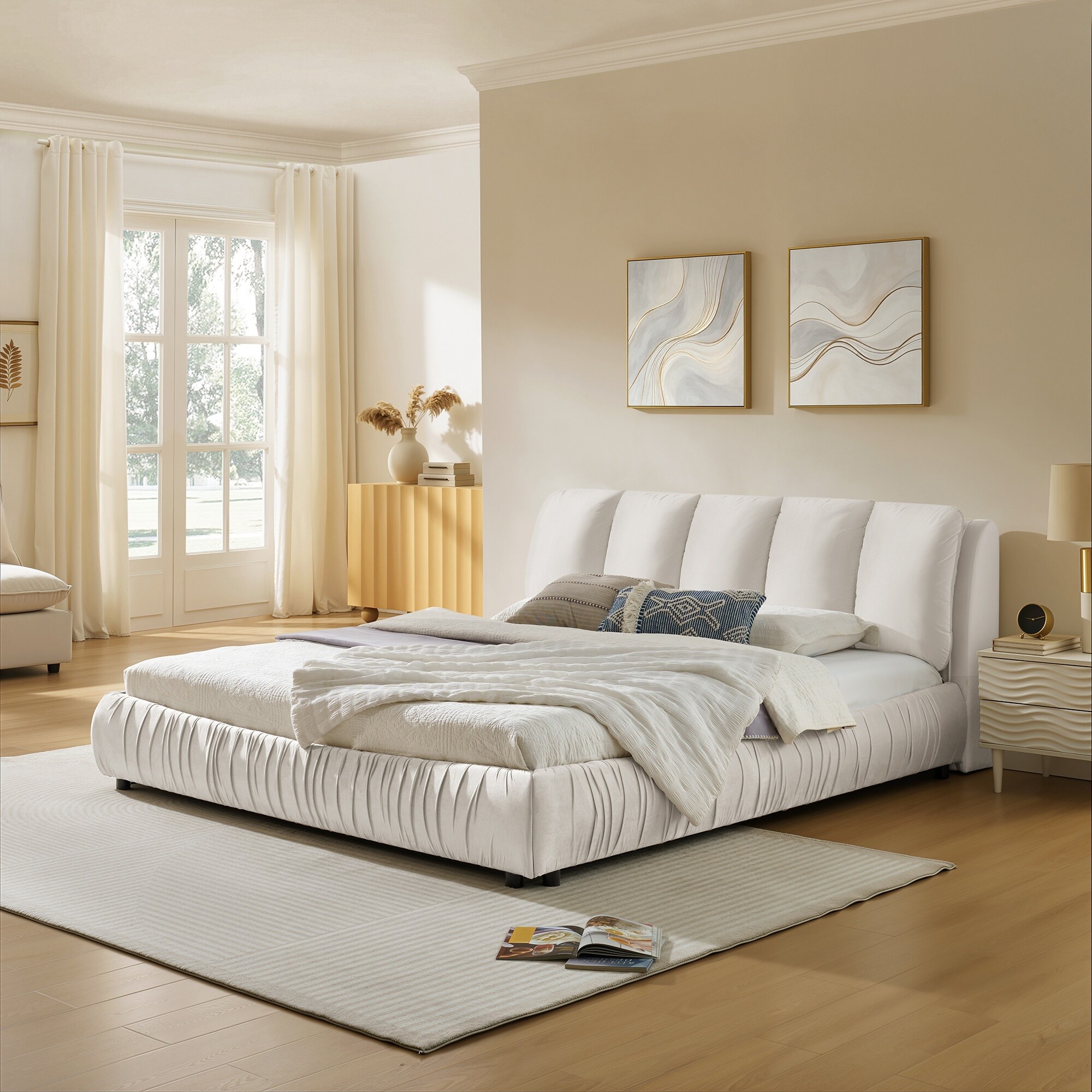 Horizons Prime - King Size Beige Shiny Velvet Upholstered Bed Frame with Segmented Plump Compress...
