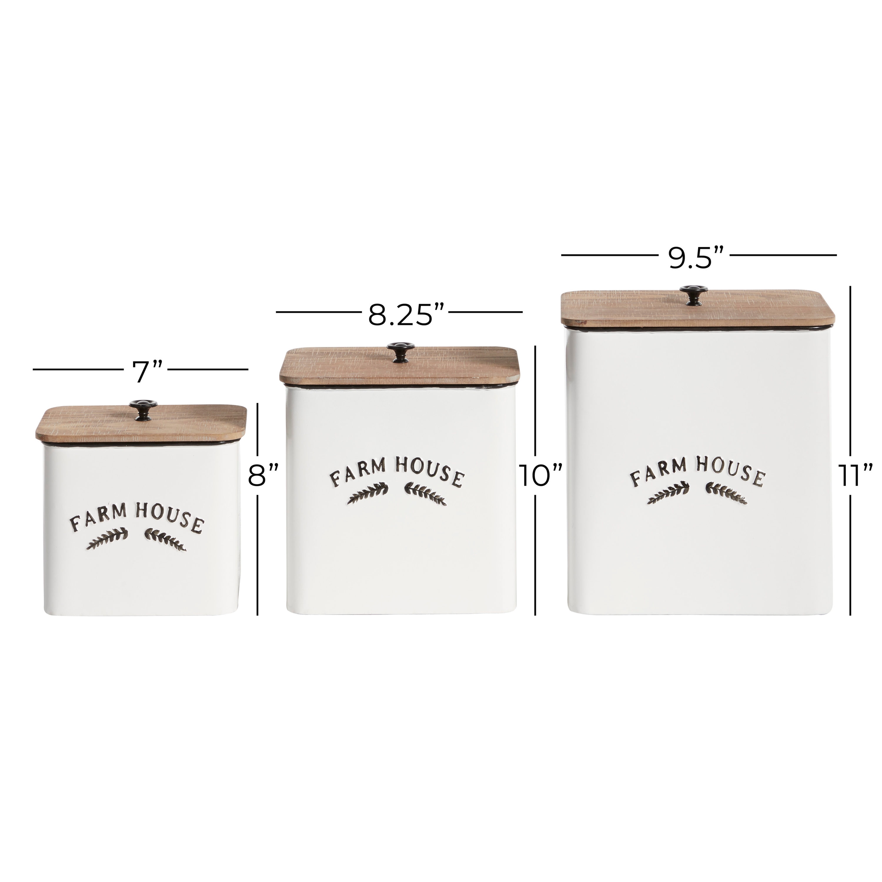 Farmhouse White Metal Canisters with Wood Lids, Set of 3