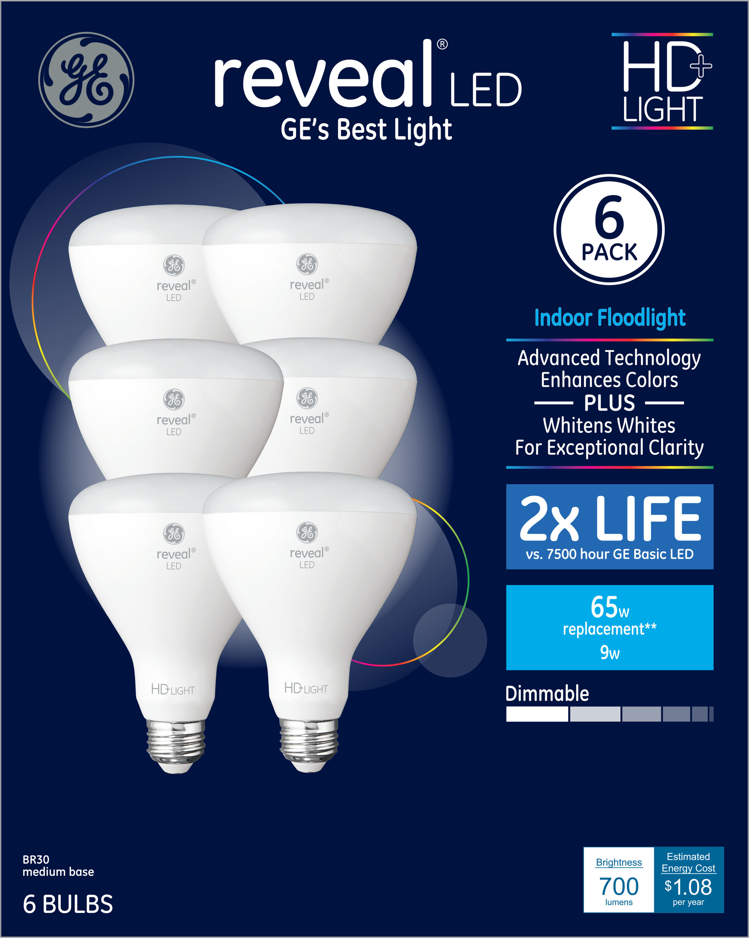 GE Reveal EQ LED Br30 Color-enhancing Medium Base (e-26) Dimmable Flood Light Bulb (6-Pack) at Lowes.com