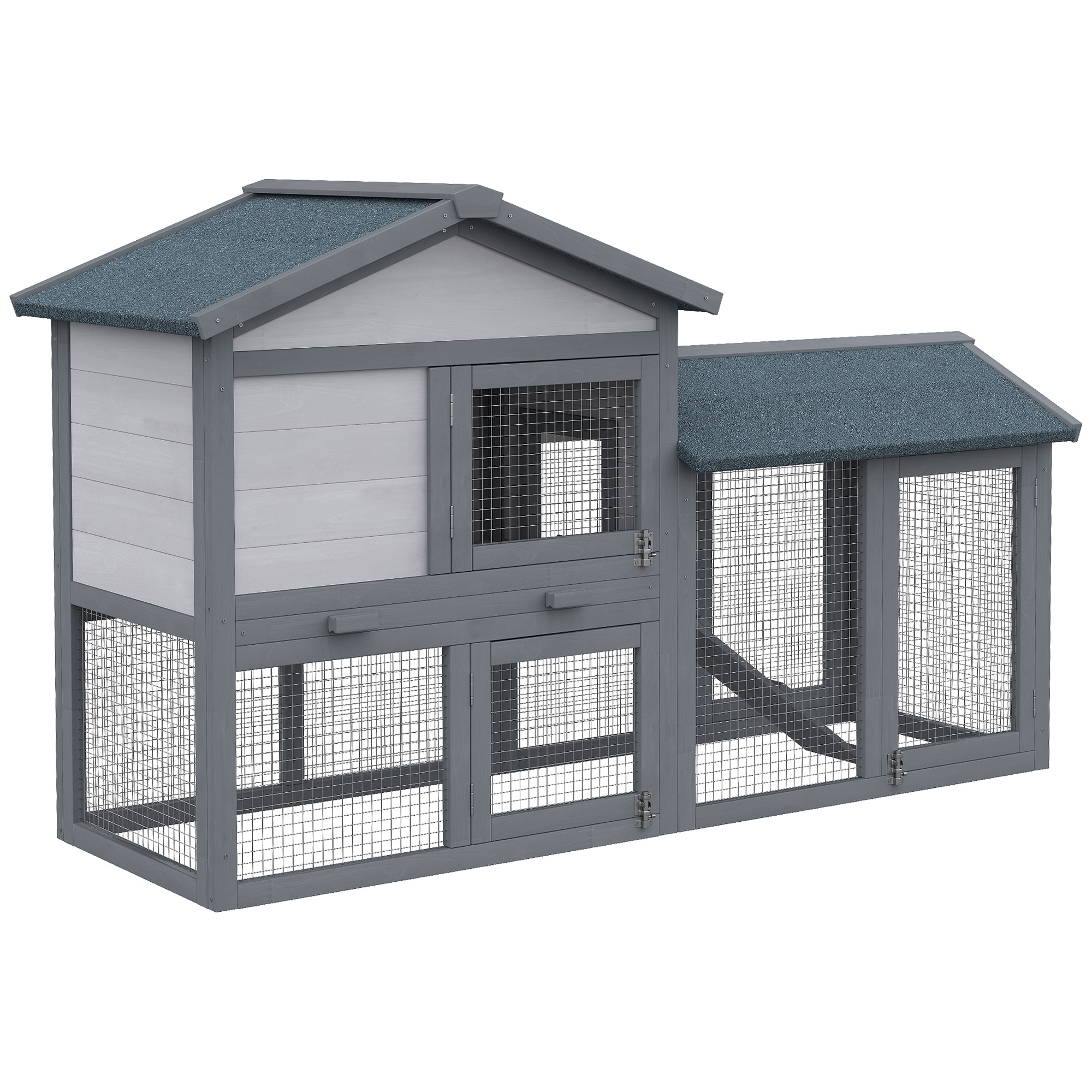 LUXEYARD PawHut 58 in Rabbit Hutch Wooden Bunny Hutch Guinea Pig Cage Small Animal Enclosure with Run Area Removable Tray Asphalt Roof Lockable Doors and Ramp Dark Gray