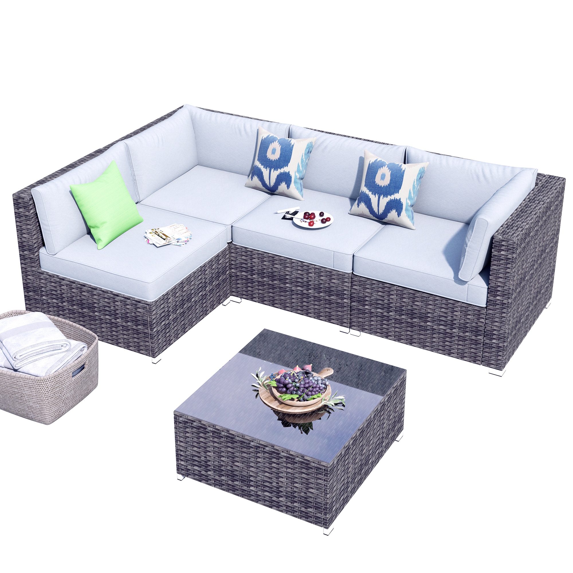 Pouuin SHOP4-BOX1N2 5 -Piece Wicker Patio Sofa Conversation Set with Gray Cushions