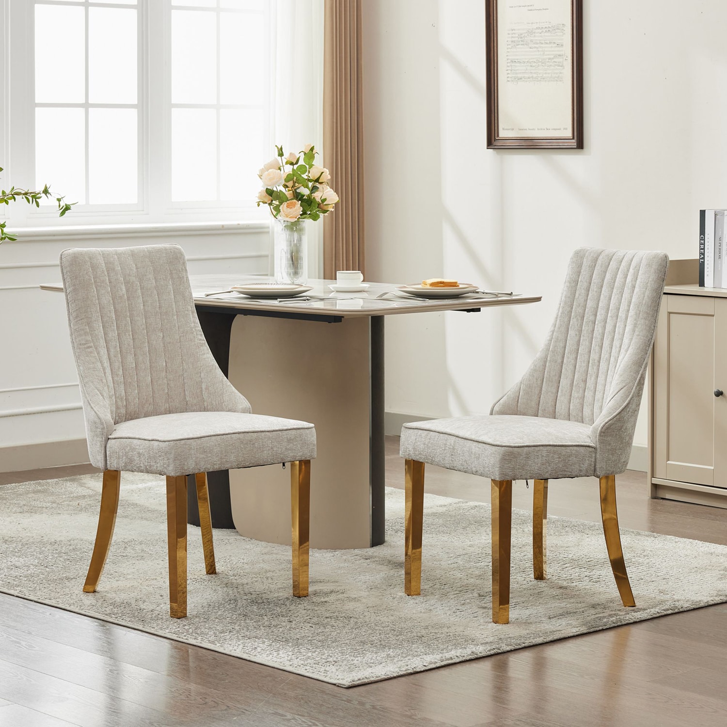 GZMR GZHF-700BROWN Set of High Back Dining Accent Chair with Golden Legs, Set of 2 Contemporary/Modern Chenille Upholstered Dining side chair ( Metal Frame )