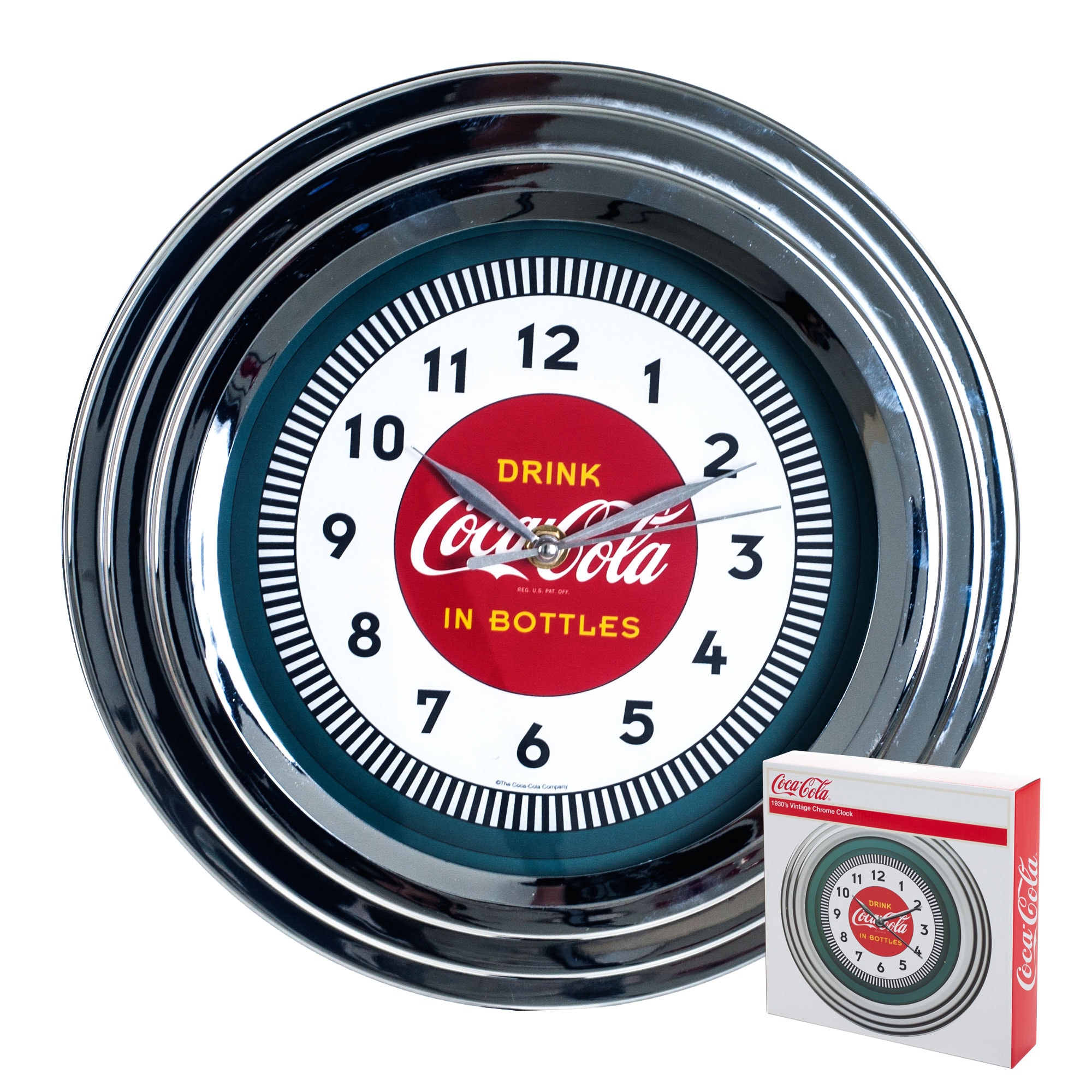 Trademark Gameroom Coca-Cola 11.75 in Round Black Glass Indoor Wall Clock - 1930s Style - Battery Operated - Licensed Brand - Medium Size -  COKE-1300-30S