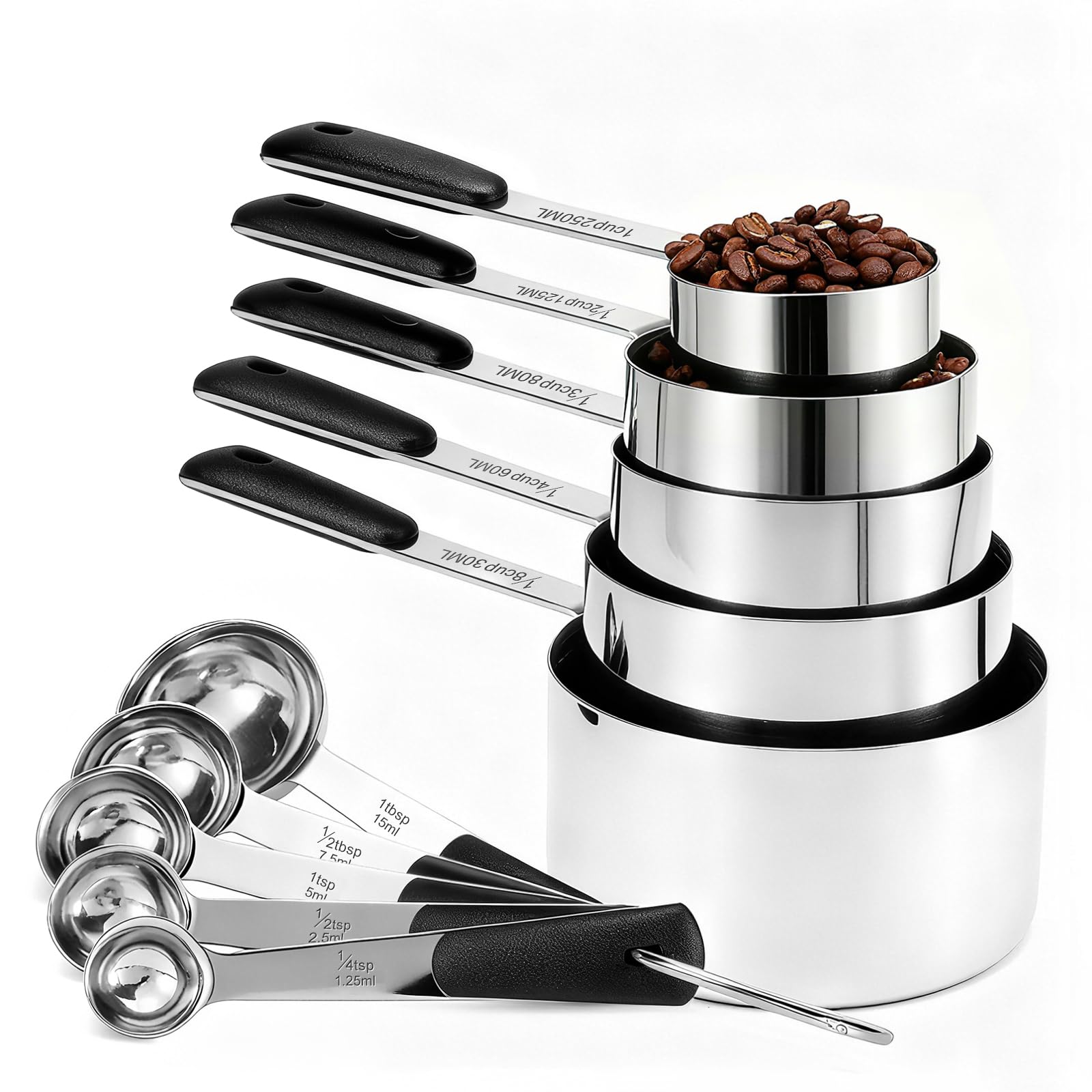 DHMHD  Measuring Cups and Spoons Set Stainless Steel 10 Piece Includes Five Cups and Five Spoons with Black Handles for Cooking and Baking