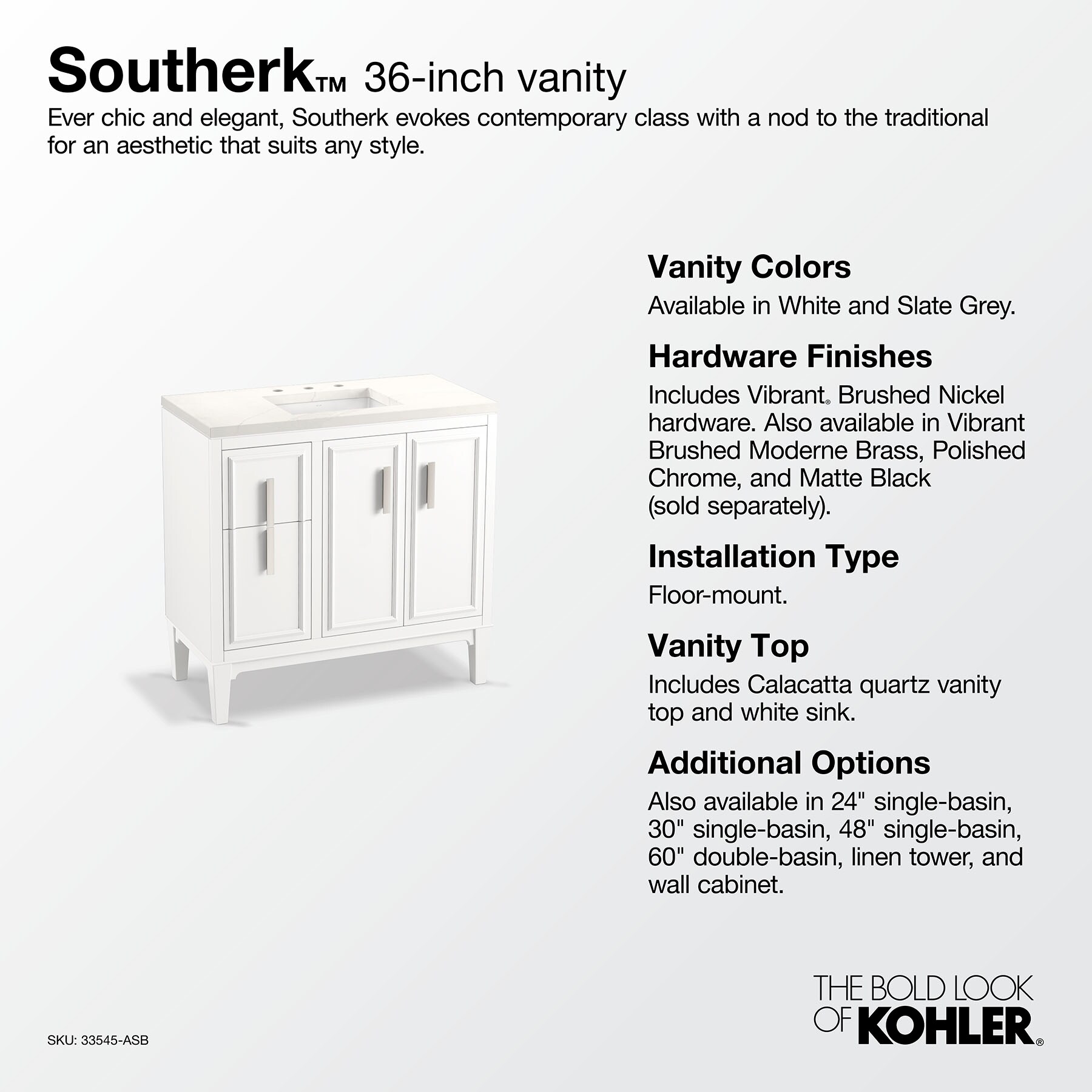 Southerk 36-Inch White Freestanding Bathroom Vanity Set with Quartz Top