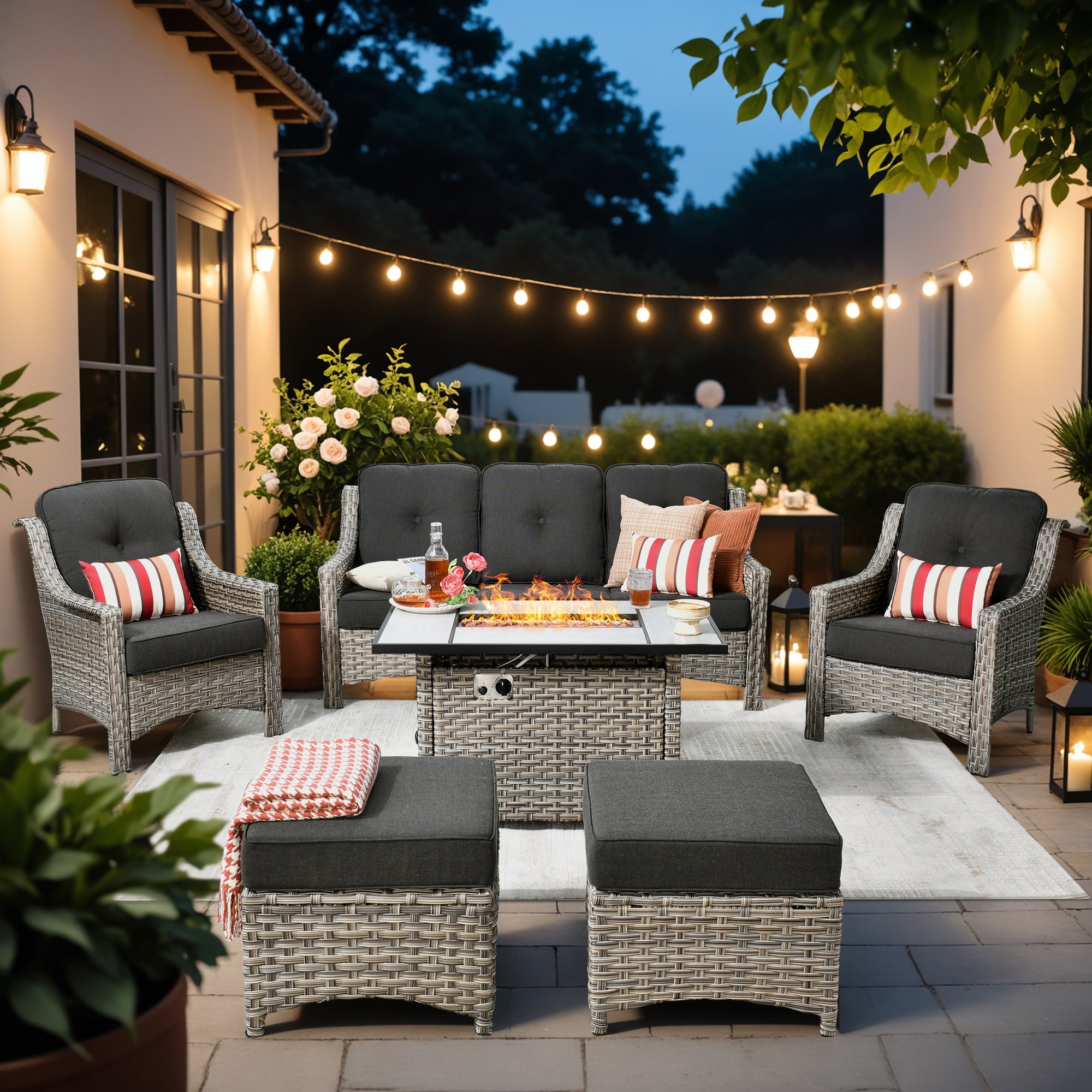 XIZZI XIPAD1164-CFP Pyrophyllite 6 -Piece Rattan Patio Sofa Conversation Set with Black Cushions
