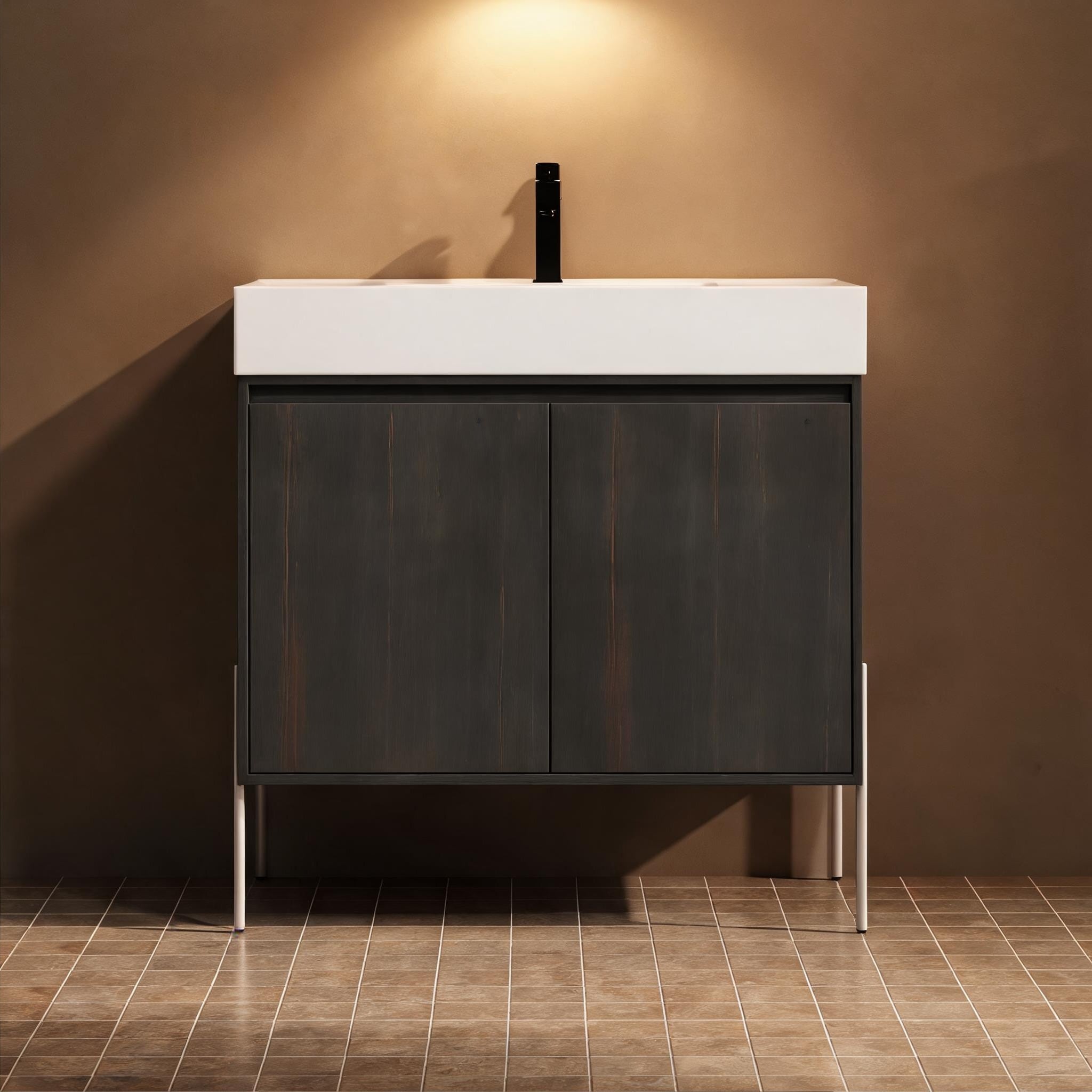 SunJet 36-Inch Minimalist Freestanding Bathroom Vanity with Single Basin Resin Sink and Soft-Close Double Doors Espresso