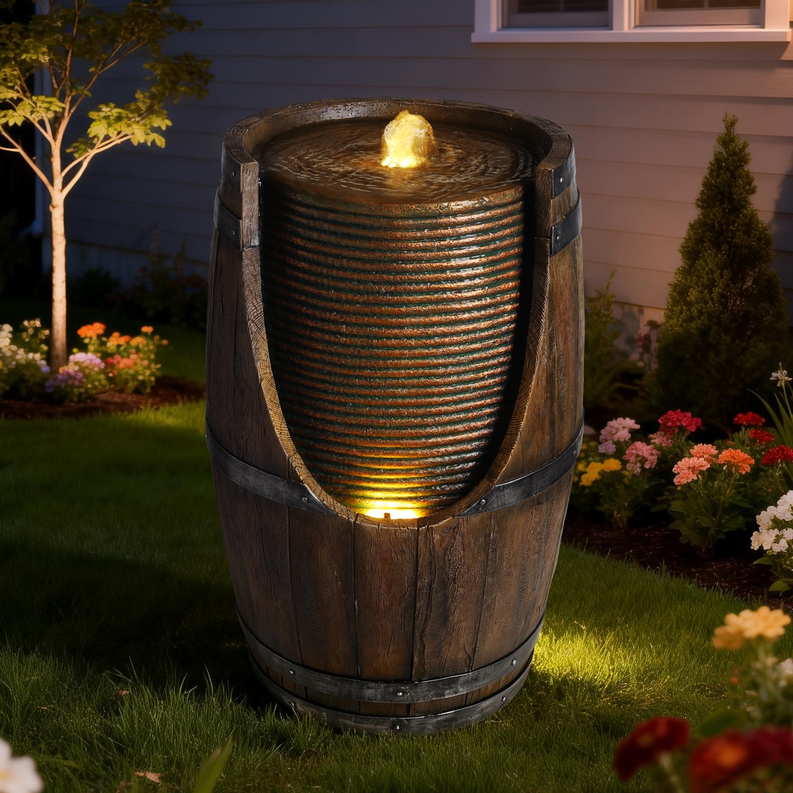 GDFStudio 24.8in H Farmhouse Barrel Outdoor Water Fountain with LED Lights Rustic Resin Waterfall Garden Fountain for Patio Yard Porch