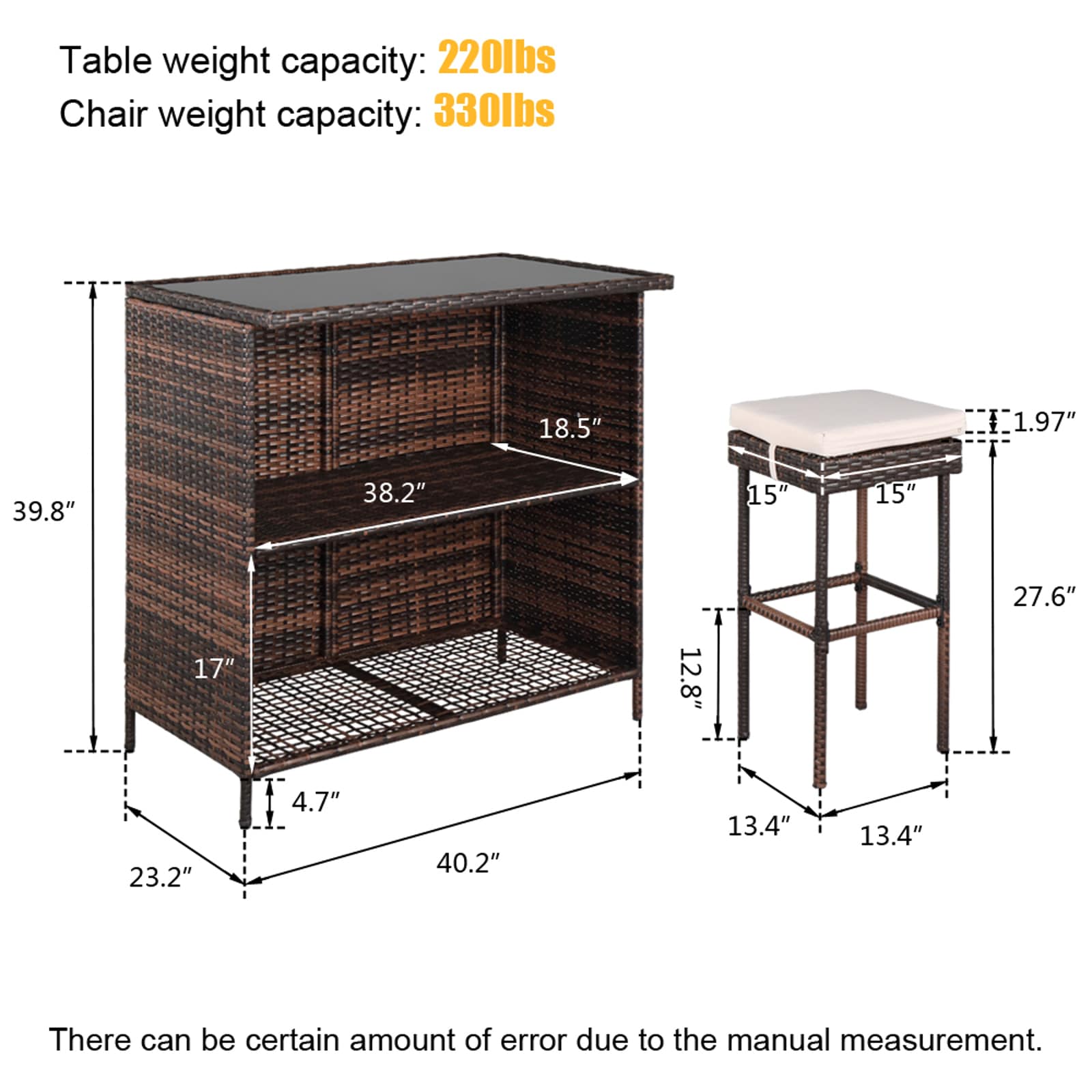 Off-white Cushioned Wicker Barstool Bistro Set with Glass Top Table