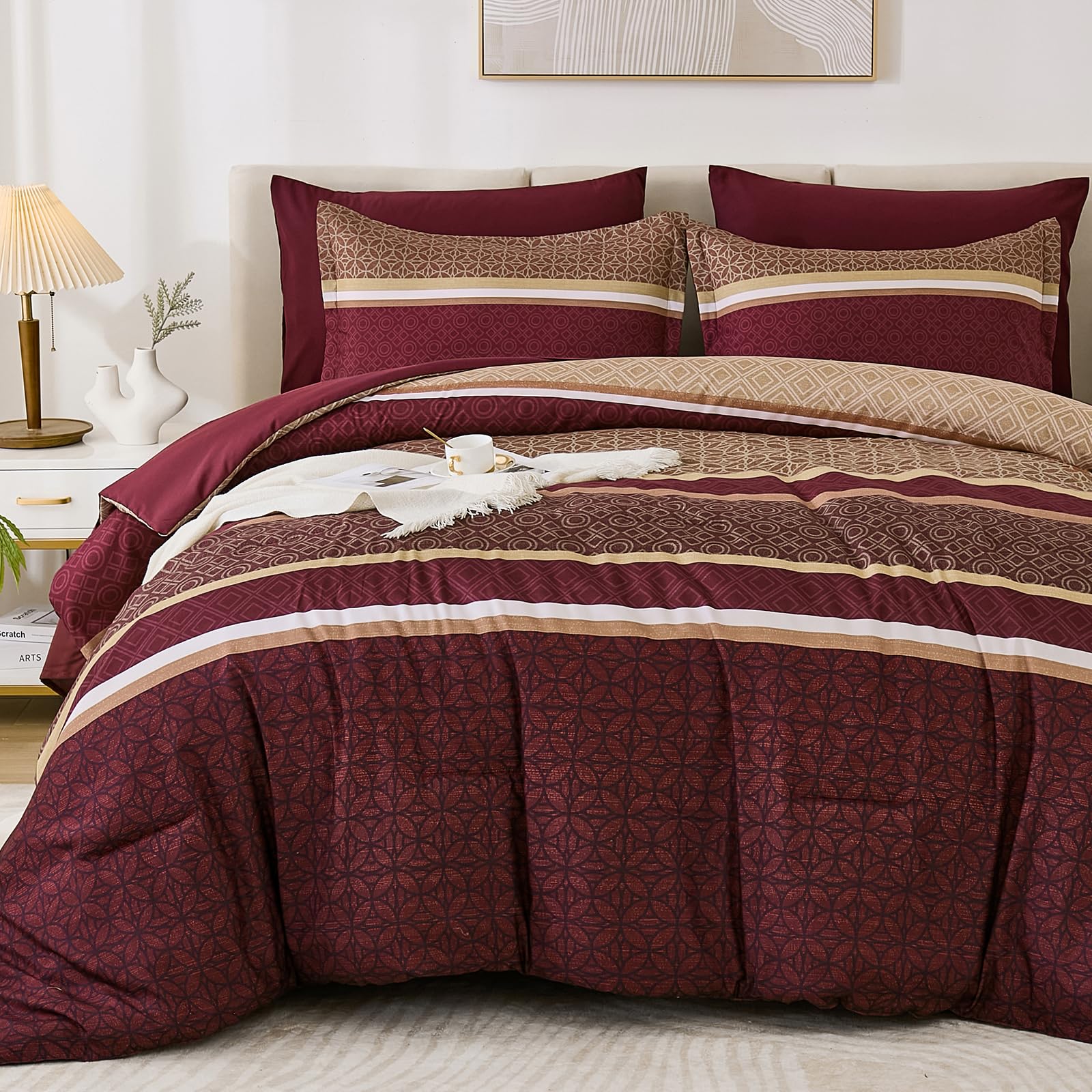 WZKZLH 7 Pieces Striped Bed In A Bag Microfiber Bedding Set Soft Lightweight All Season