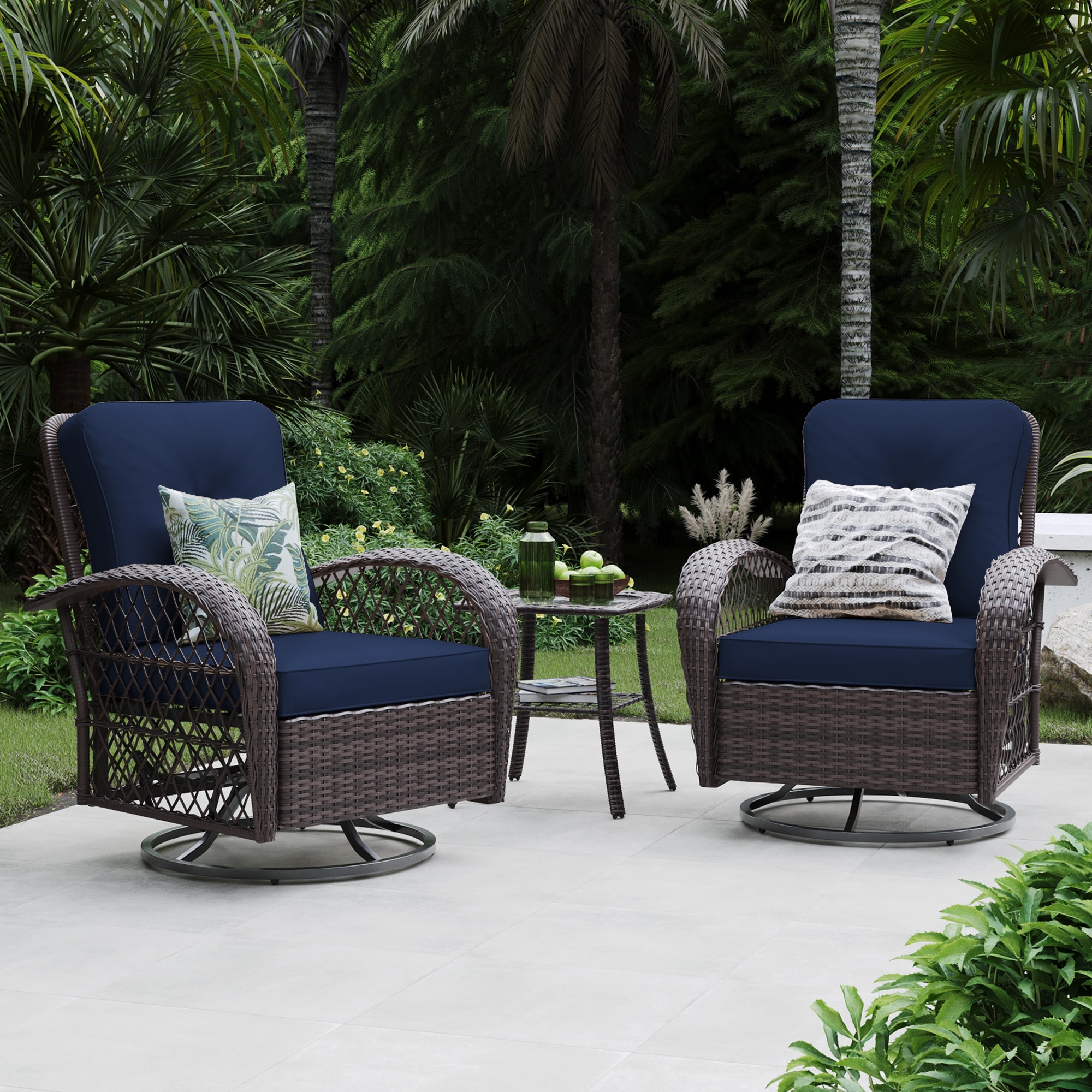 Patio Watcher FTY-2C-G2 Rocking Chair Set of 2 Rattan Brown Metal Frame Swivel rocker Rocking Chair with Navy Cushioned Seat
