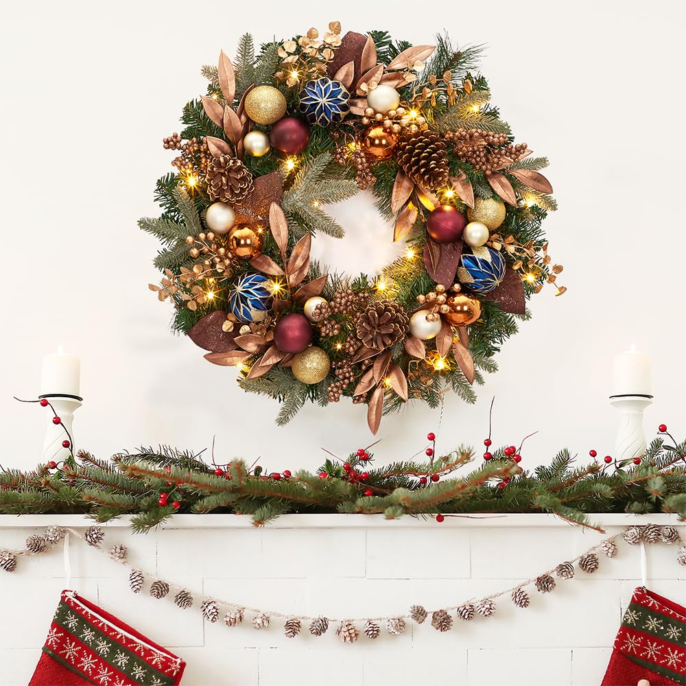 Garvee 24 inch Prelit Xmas Wreath with Pine Cones and Christmas Balls ...