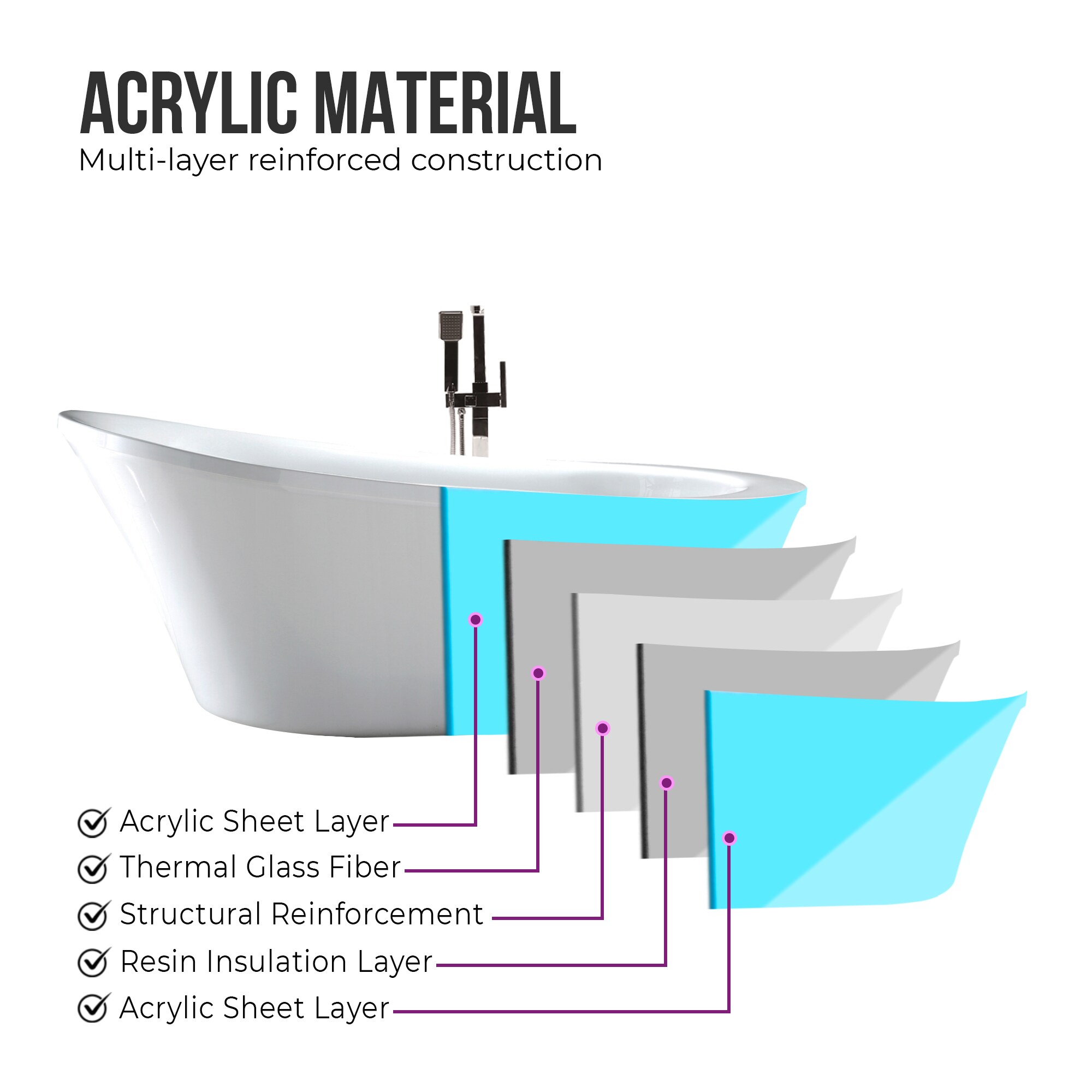 Vanity Art 70" White Acrylic Freestanding Soaking Bathtub
