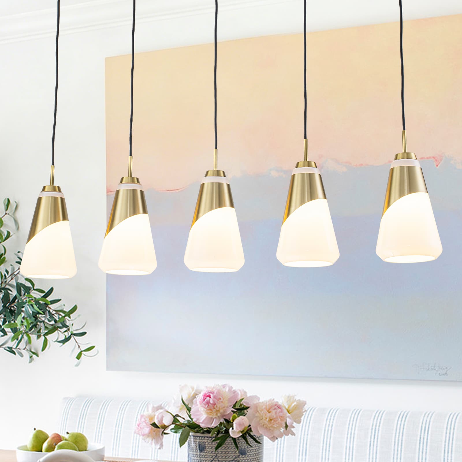 MENCOLULU 45.43 inch Brushed Gold Metal and Cone Opal Glass Pendant Lighting 5 -Light Gold Transitional Opal glass Linear Large Hanging Kitchen Island Light