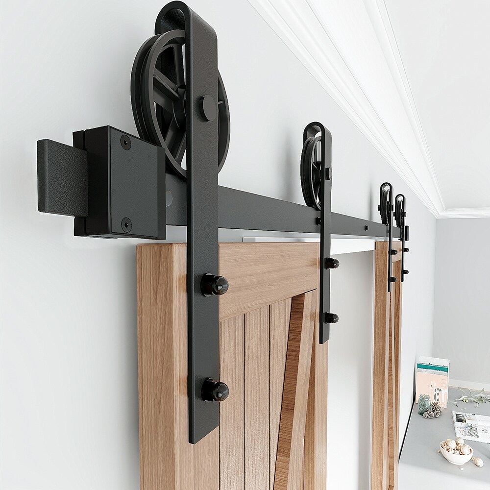 Winsoon 72 In Matte Black Indoor Spoke Wheel Double Barn Door Hardware Kit In The Barn Door 6798