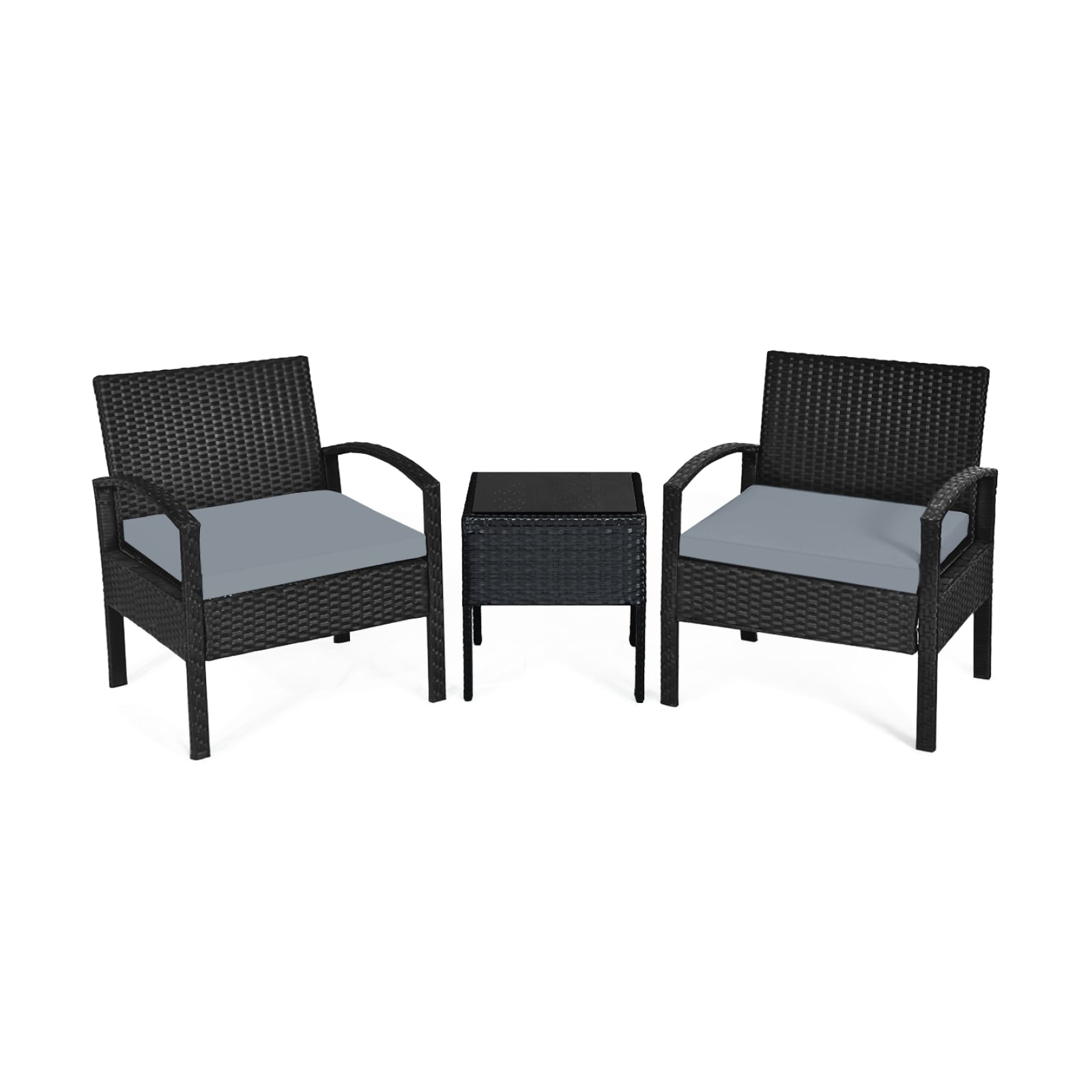 Slickblue D-CO-RG81236WH 3-Piece Black Rattan Patio Conversation Set with 2 Chairs Cushions and Glass Coffee Table for Porch Patio or Backyard- White/ Gray/ Turquoise/ Red Cushion