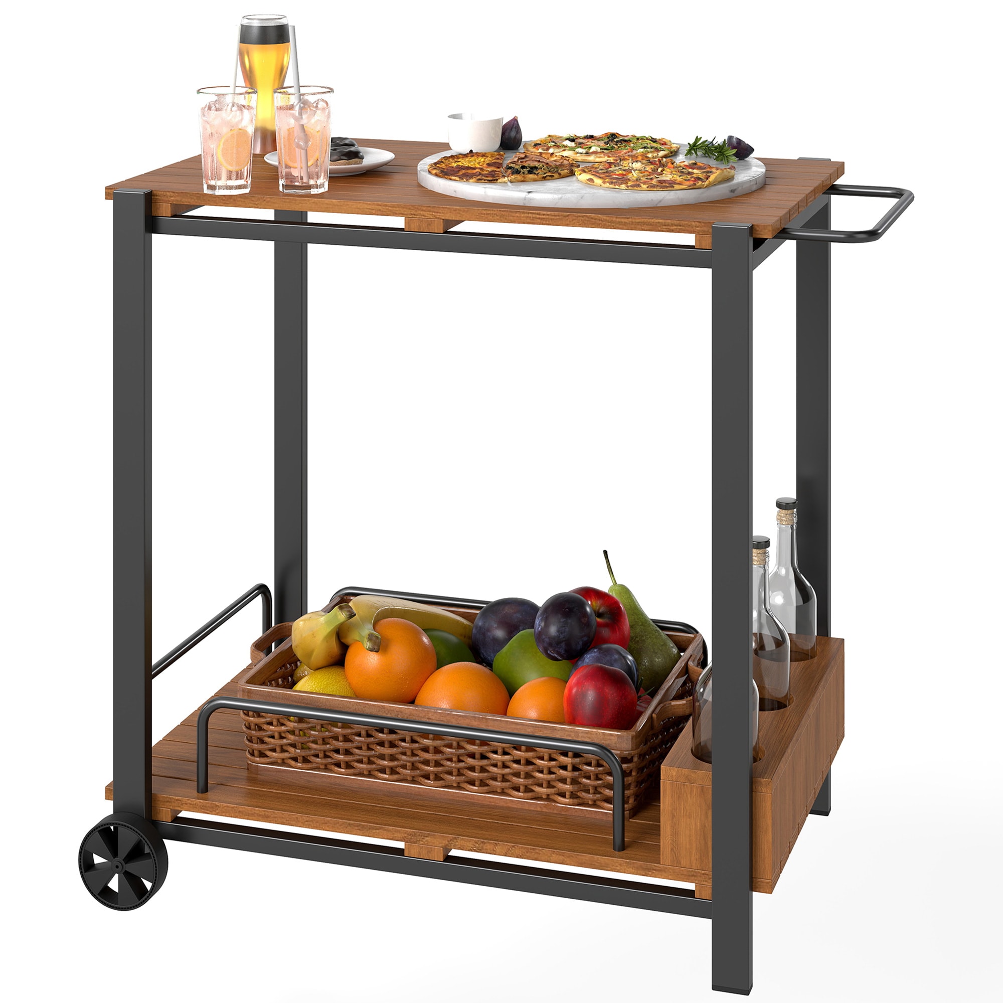 Outsunny 84G-539V00TK Acacia Wood Outdoor Bar Cart with Wheels Rolling 2-Tier Coffee  Drink Cart with 3 Bottle Holders Outdoor Serving Cart for Patio Teak