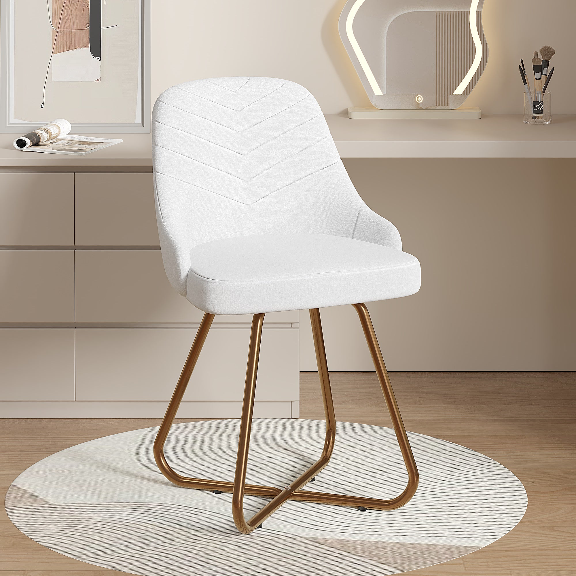 Vecelo LOE-CC-ZL03-WHE Velvet Accent Chair with High Backrest Upholstered Vanity Chair with Golden Frame Legs Modern Dining Chair for Living Room Bedroom Dressing Room Study Home
