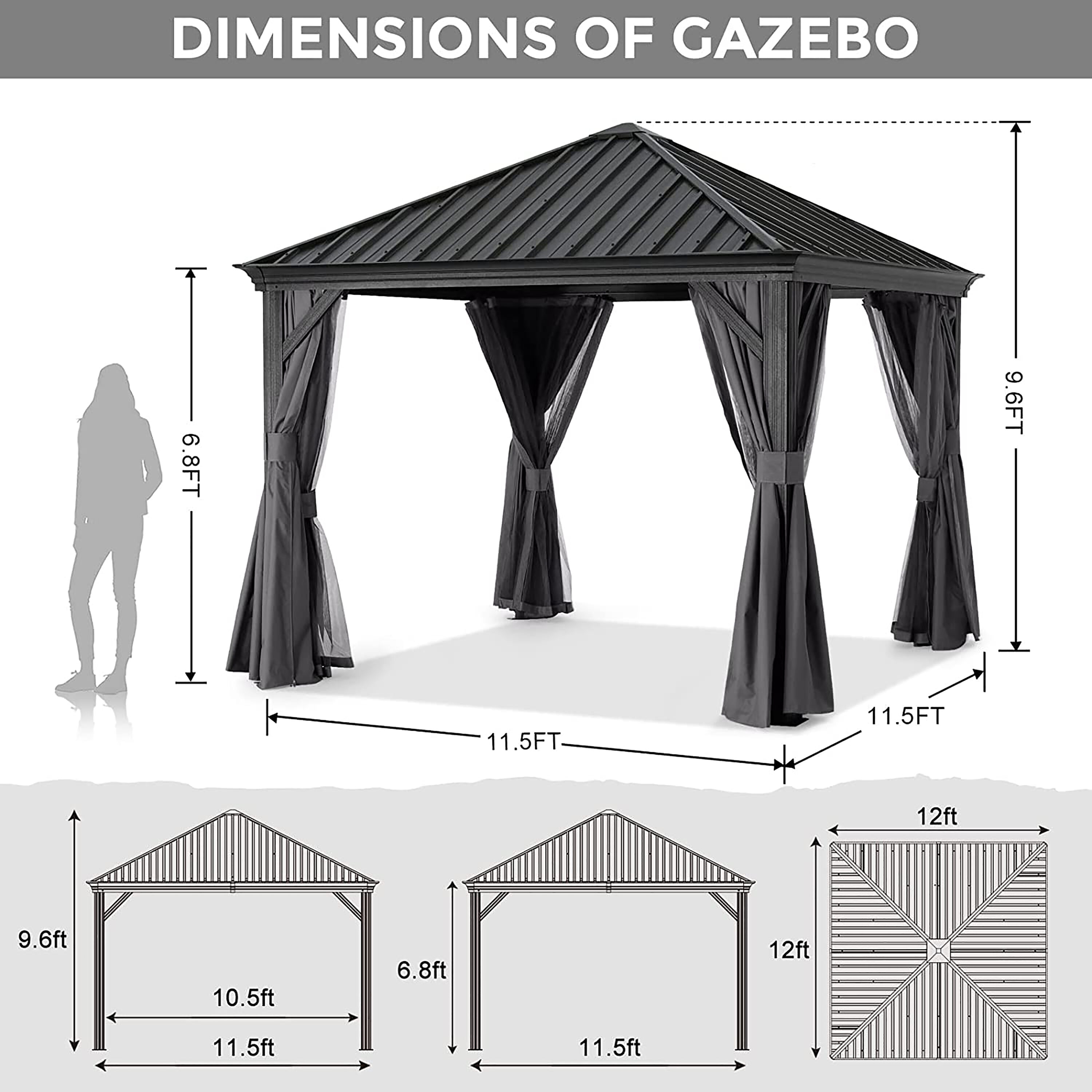 ABCCANOPY 12-ft X 12-ft Rectangle Dark Gray Metal Steel Roof Gazebo ...