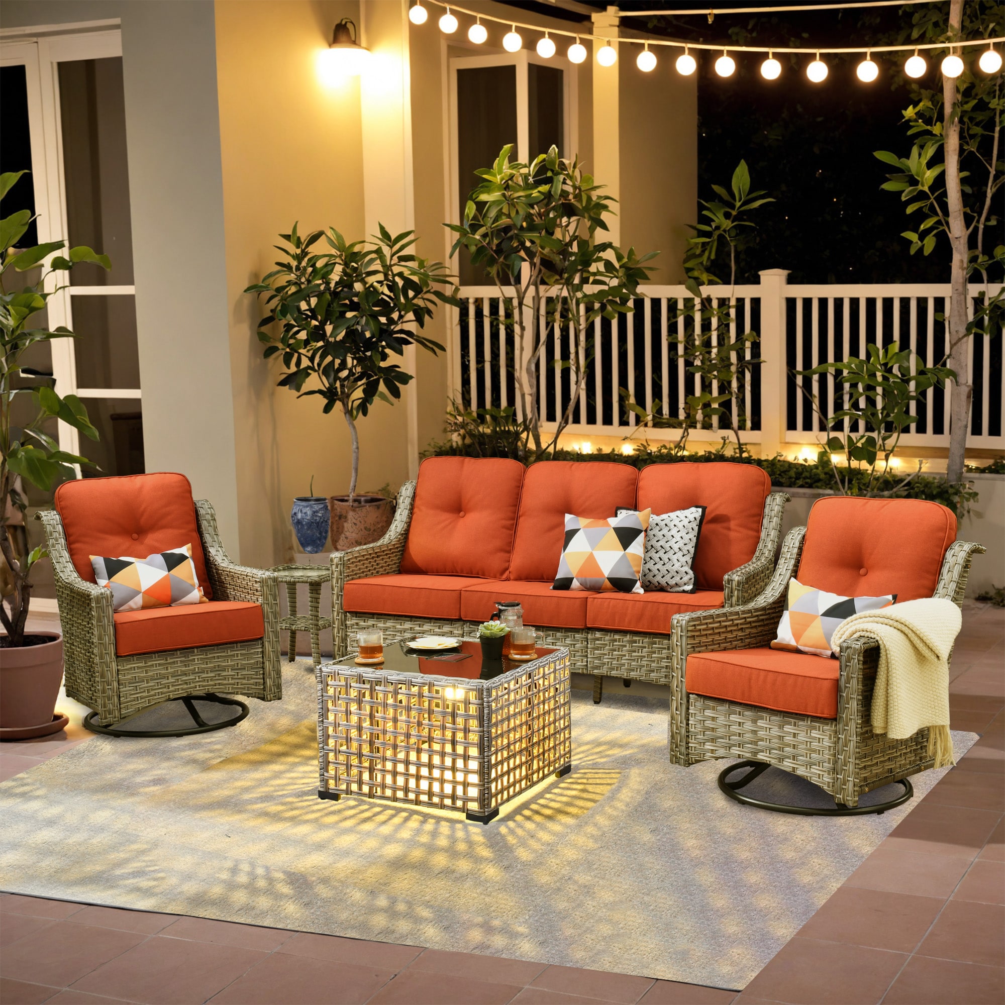 weaxty HMBYZPAD80C5-T Aireno 5 -Piece Rattan Patio Sofa Conversation Set with Orange Cushions