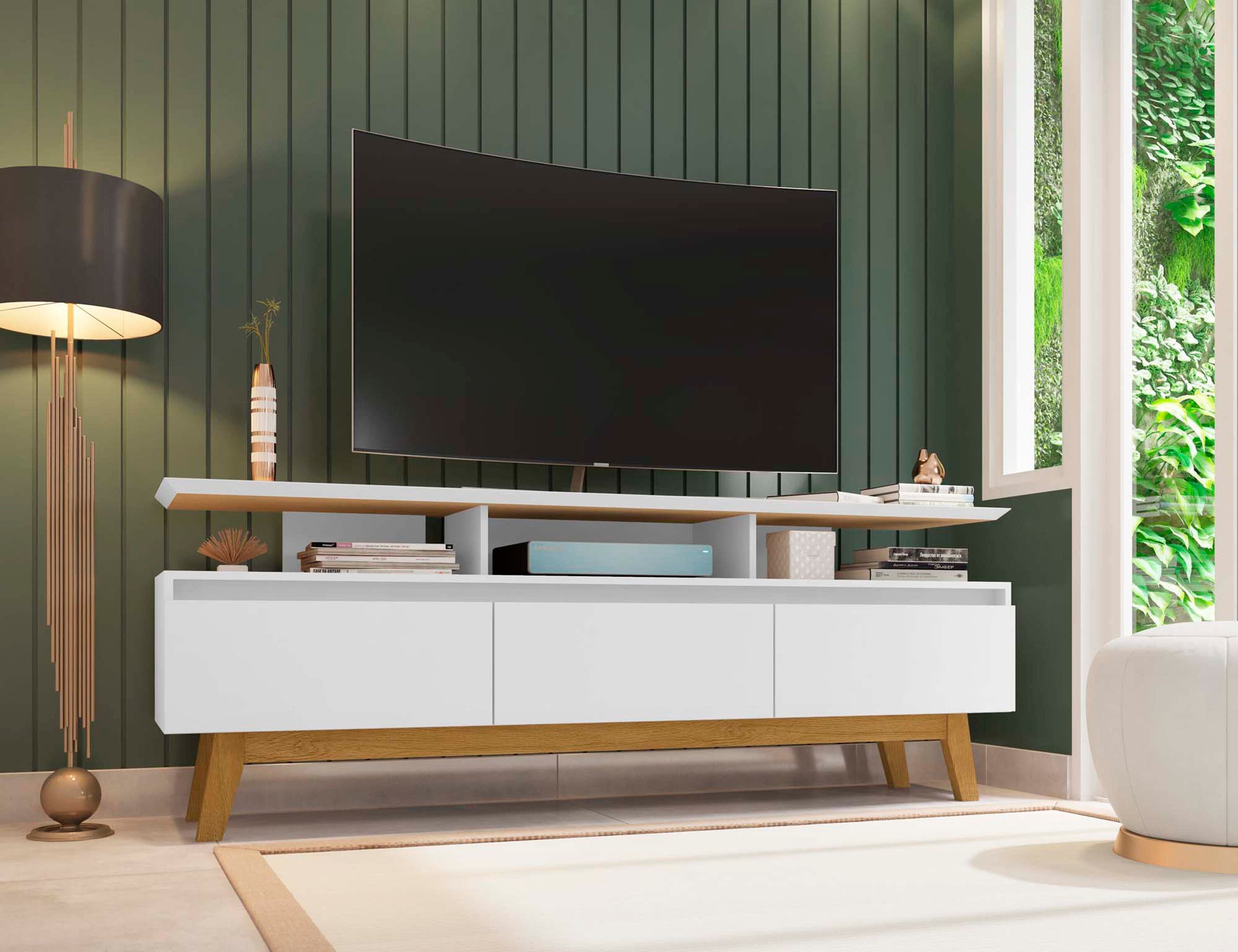 Mid-Century Modern White TV Stand with Open & Concealed Storage, 70.86"