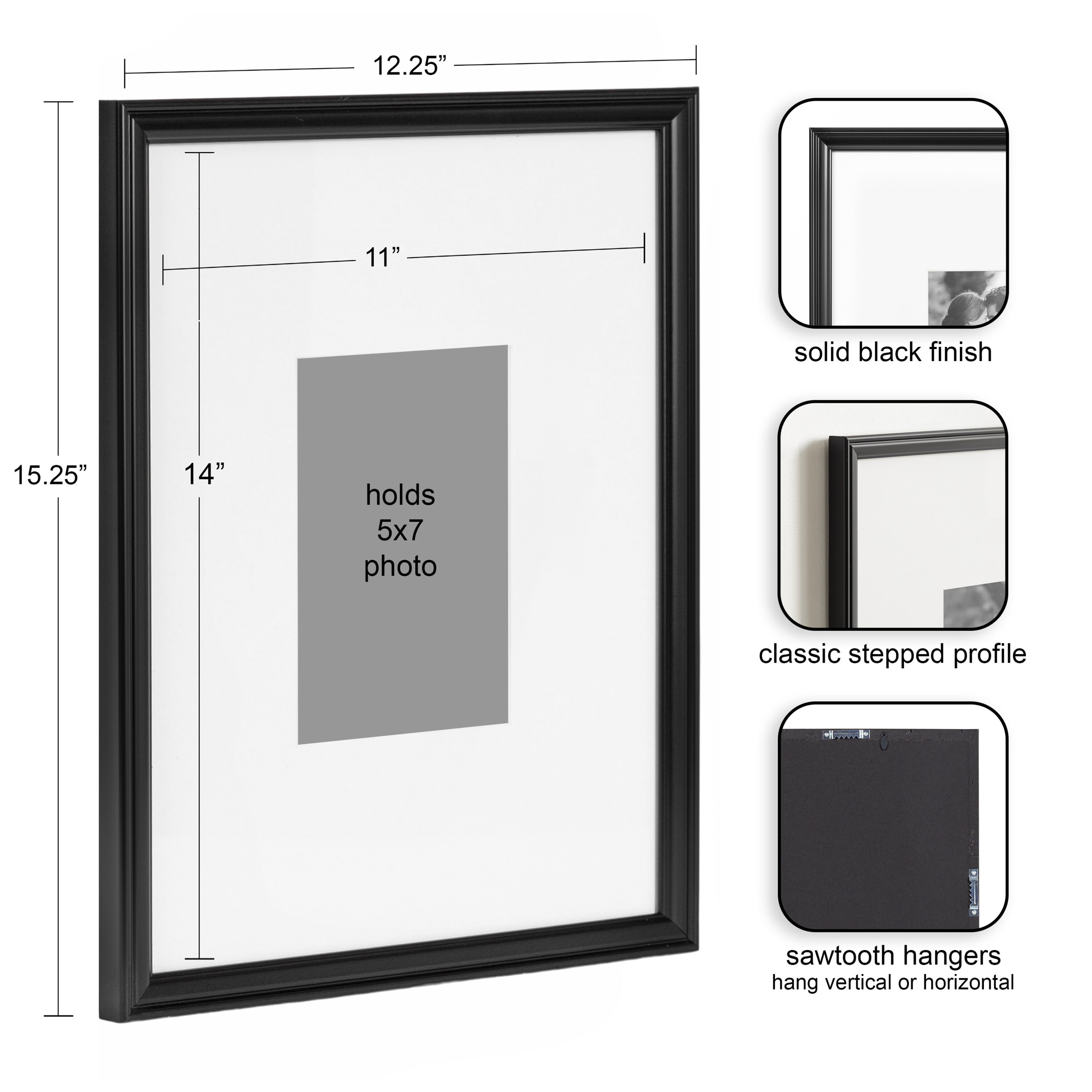 Black Polystyrene 5x7 Wall Photo Frame Set of 3