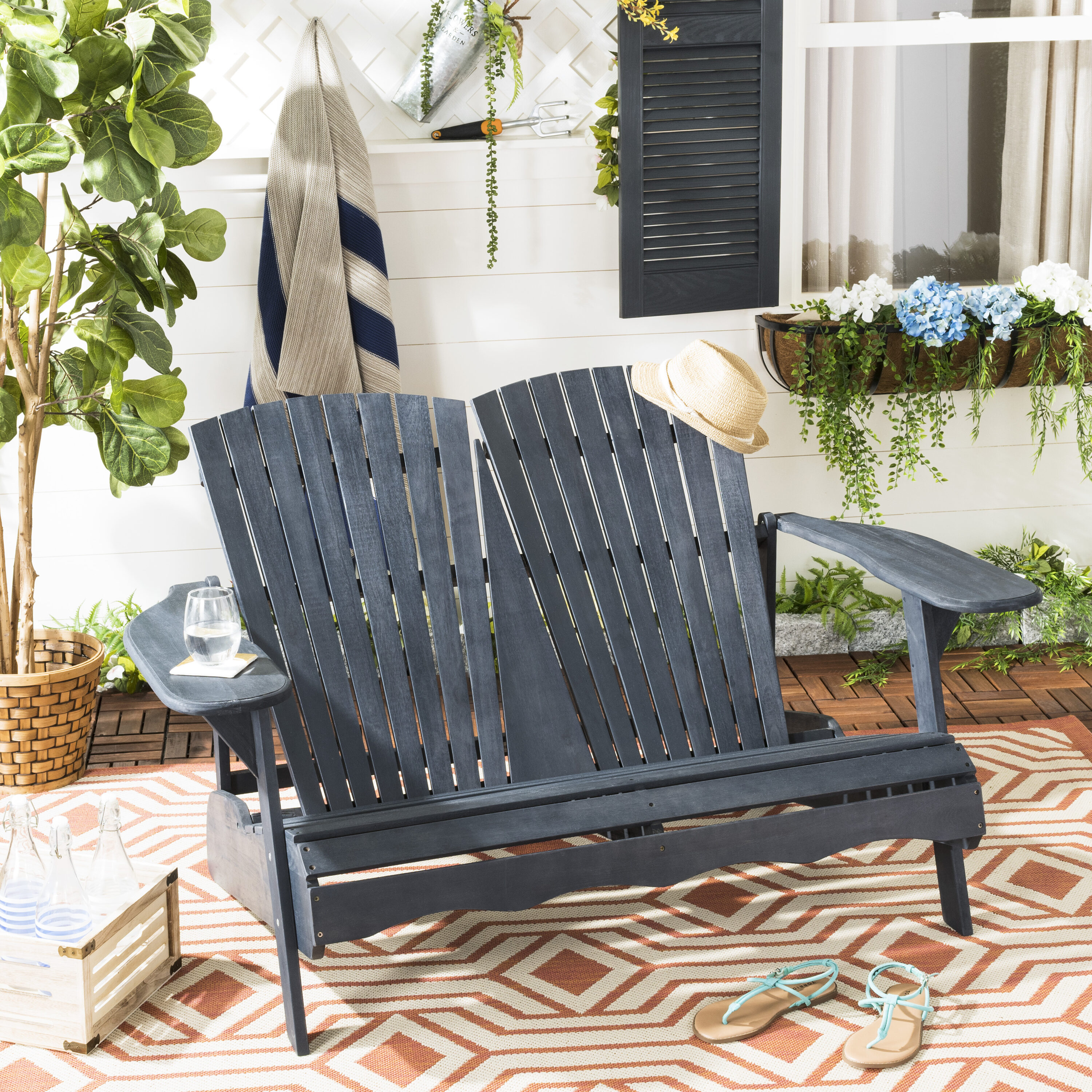 Transitional Black Acacia Adirondack Loveseat Bench, 57"