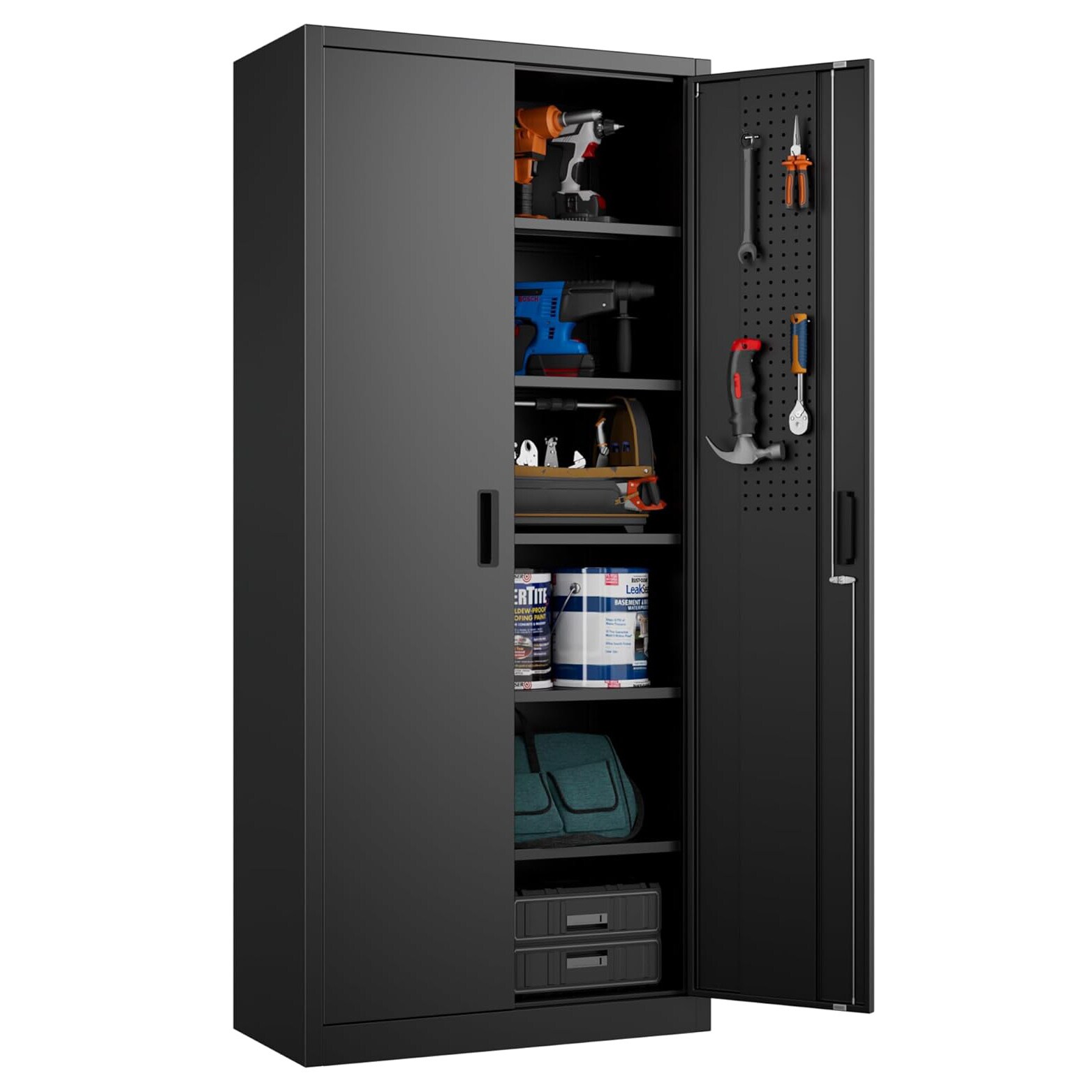 Boyel Living 71 Inch Metal Garage Storage Cabinet with Lock and Pegboard Heavy Duty Tool Organizer with 5 Adjustable Shelves