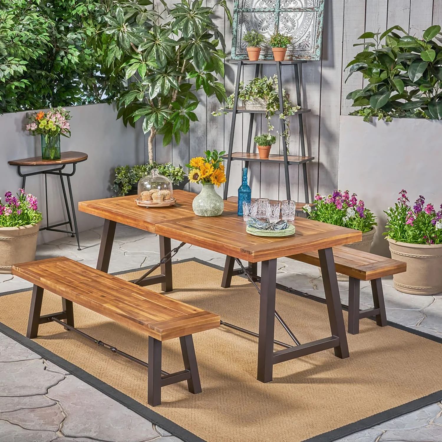 ModernLuxe L-57239.00-57240.00 CATRIONA 3 PIECE WOOD OUTDOOR DINING SET 3 -Piece Teak Patio Dining Set Wood Rectangle Table with 2 Stationary Chairs