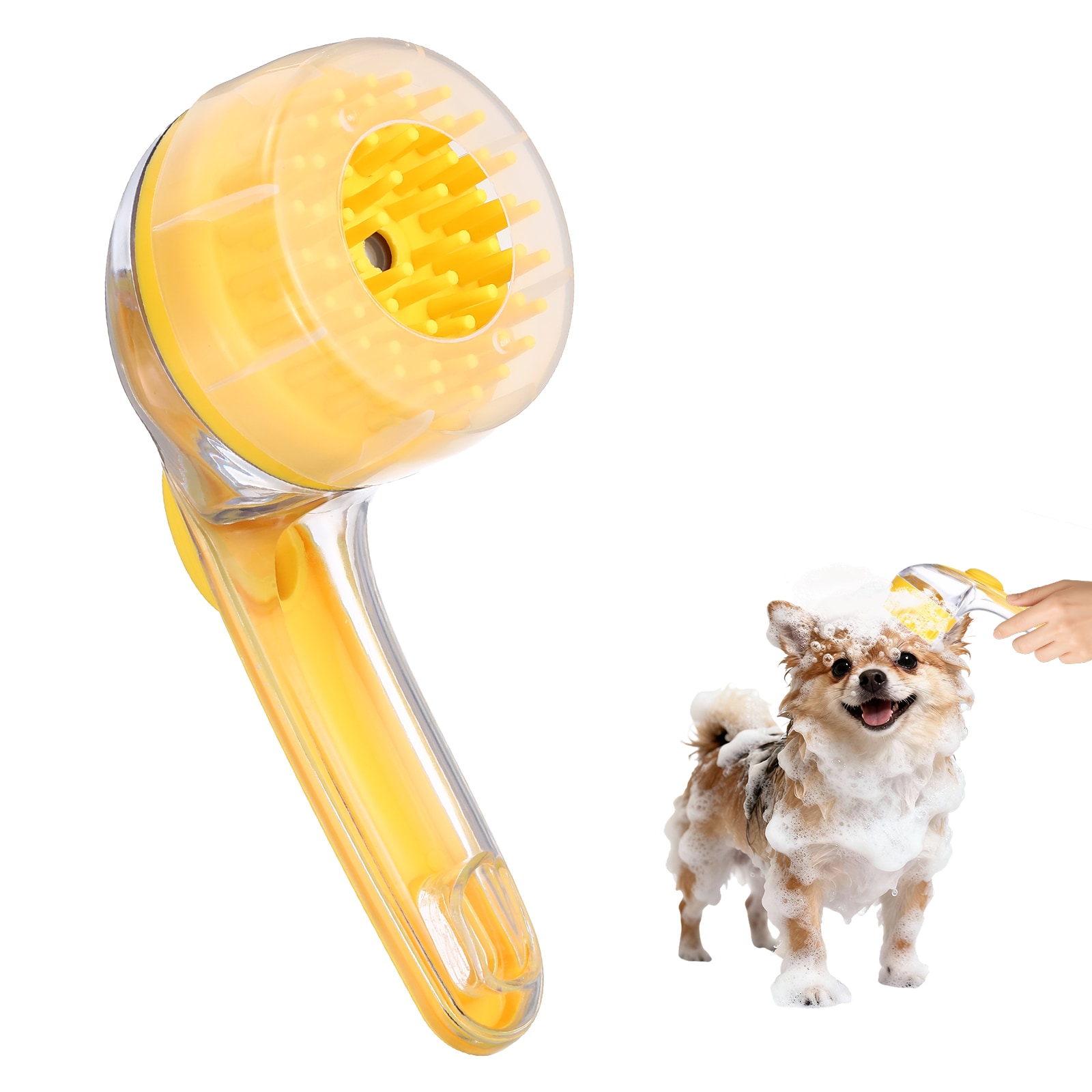 Unique Bargains Pet Bath Brush Dog Shampoo Brush New 2 in 1 Grooming Massage Scrubber Bubble Maker with Ring Built-in Shampoo Dispenser(Coarse Yellow) for Long Short Hair Cats Shower