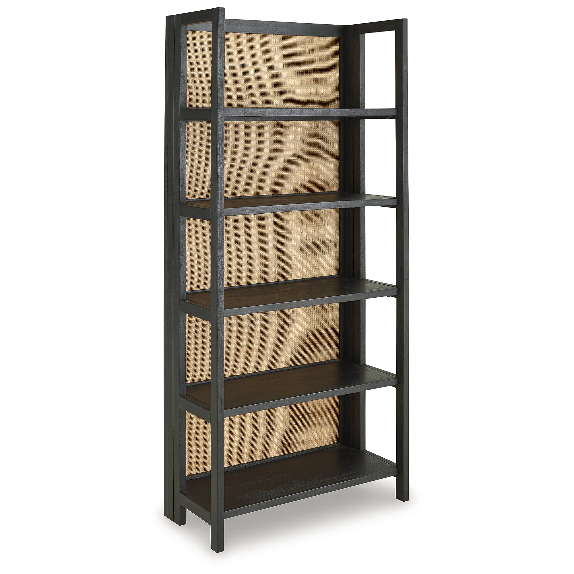 Abyard Black and Natural Wood Bookcase with Five Fixed Shelves and Rattan Back