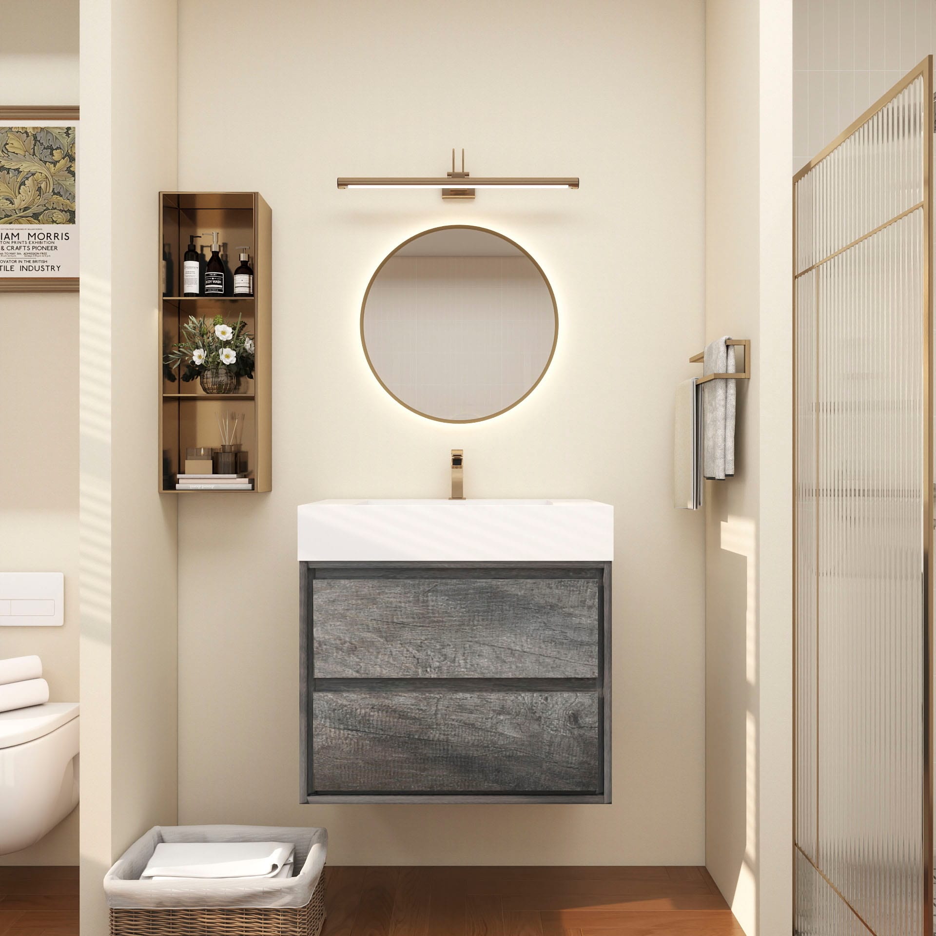 BV Better Vanity - Saggie 30-in Smoke Oak Single Sink Bathroom Vanity with White Acrylic Top (Ful...