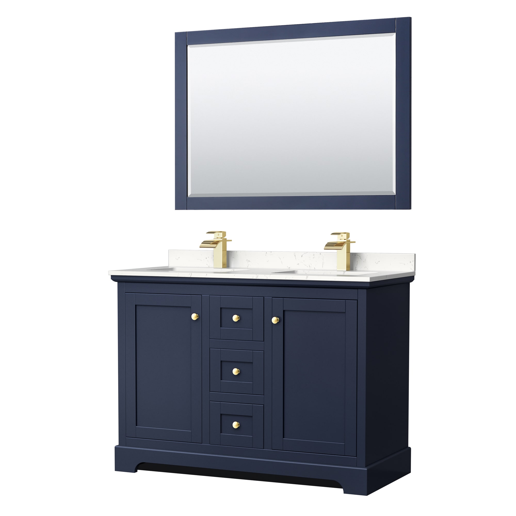 Wyndham Collection WCV232348DBLC2UNSM46 Avery 48-in Dark Blue with Brushed Gold Trim Undermount Double sink Bathroom Vanity with Carrara Cultured Marble Cultured marble Top (Mirror Included)