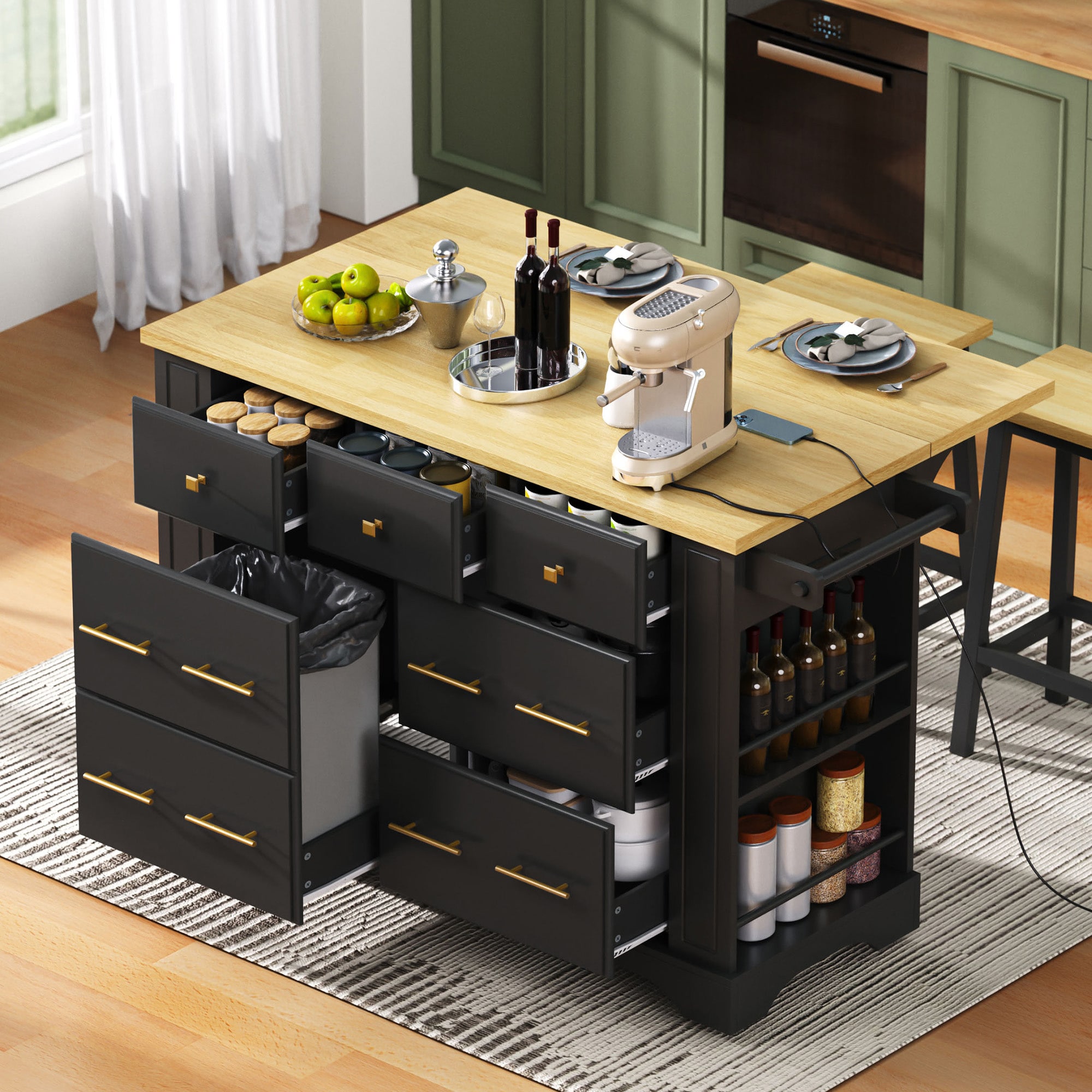 BABOOM BOM-5763044-OR Black MDF Base with Wood Rolling Kitchen Island ( 29.5-in x 51.2-in x 36.2-in )