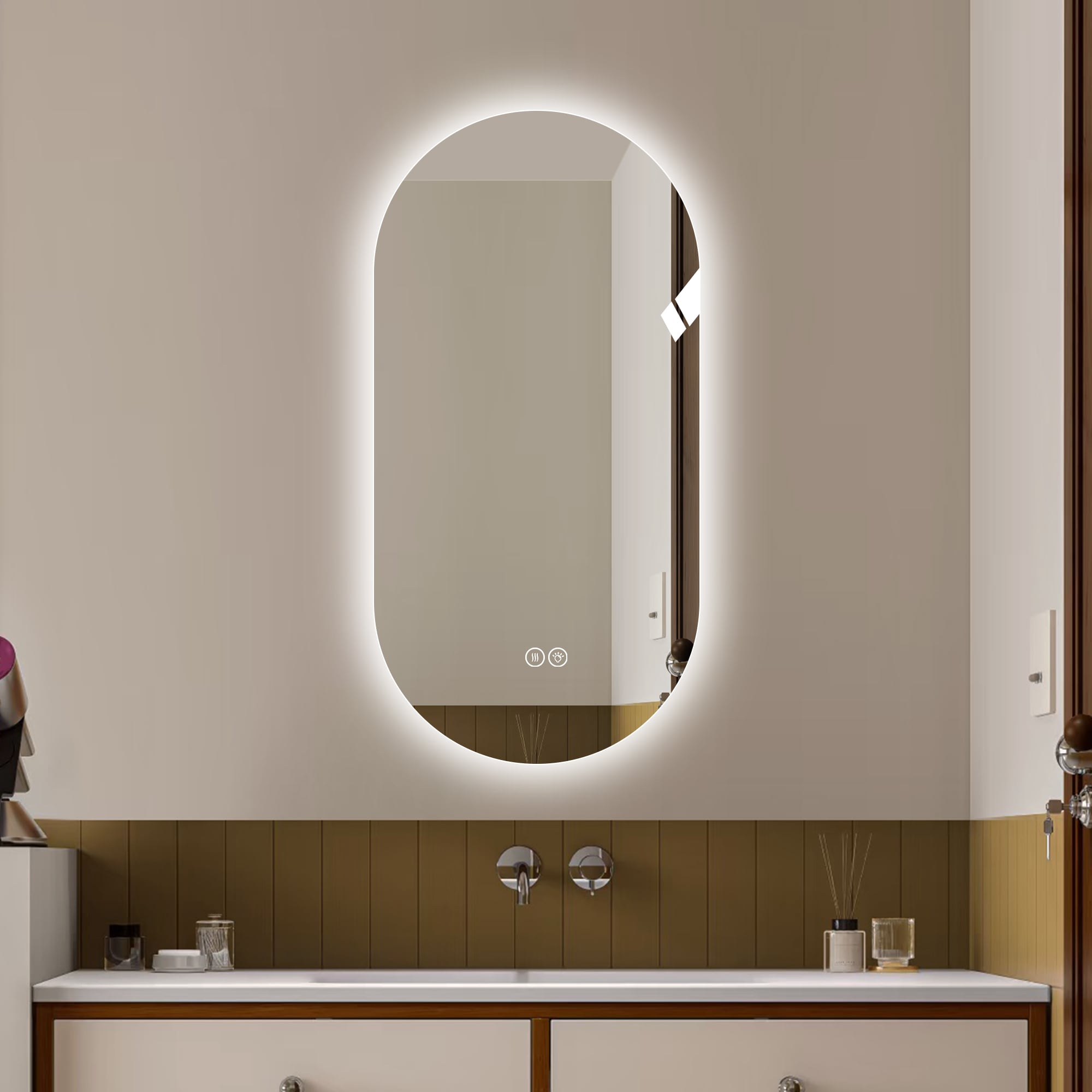 Forclover - 24-in x 48-in Polished Frameless Oval Dimmable LED Lighted Fog Free Bathroom Vanity M...